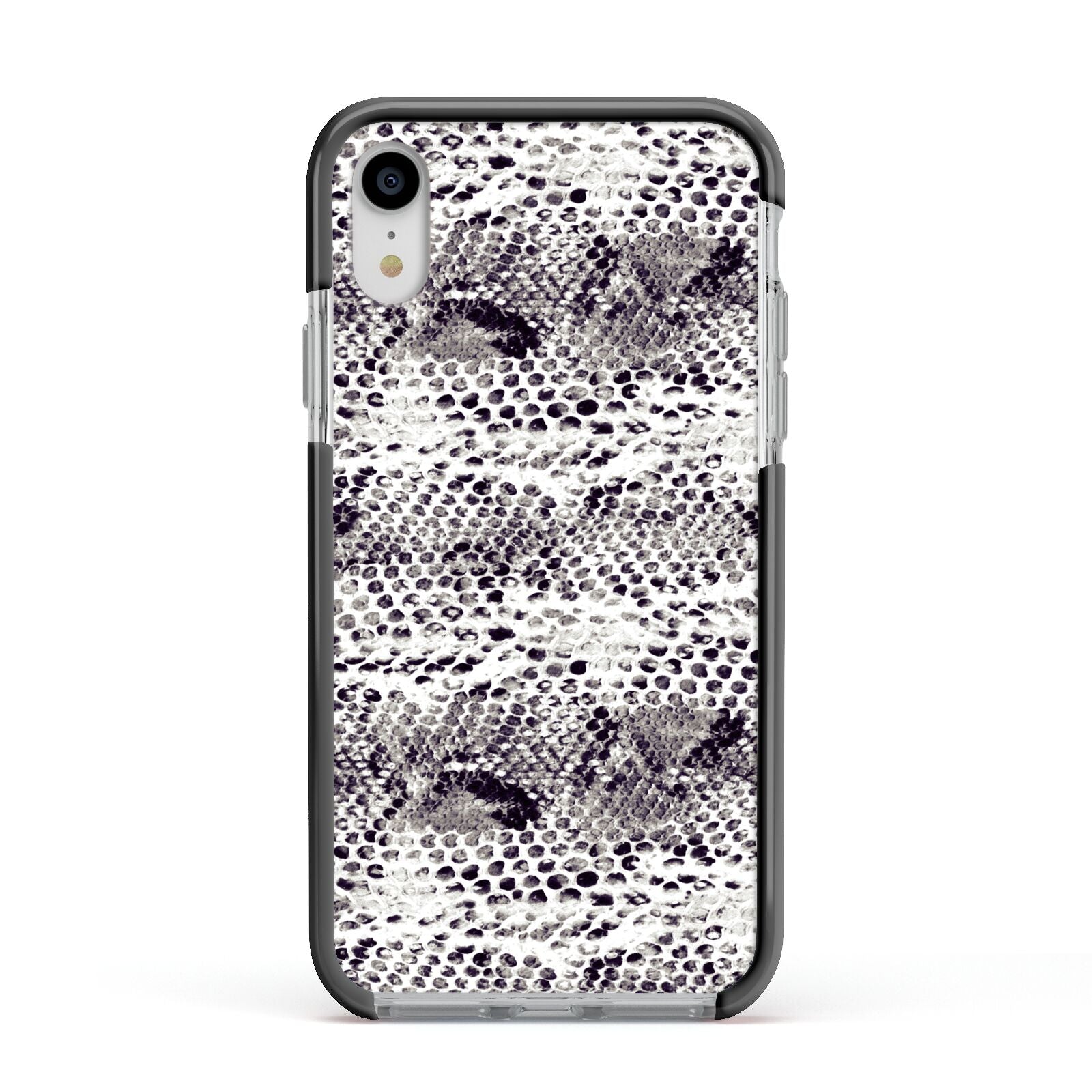 Textured Snakeskin Apple iPhone XR Impact Case Black Edge on Silver Phone