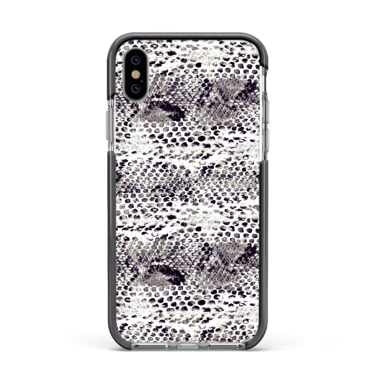 Textured Snakeskin Apple iPhone Xs Impact Case Black Edge on Silver Phone