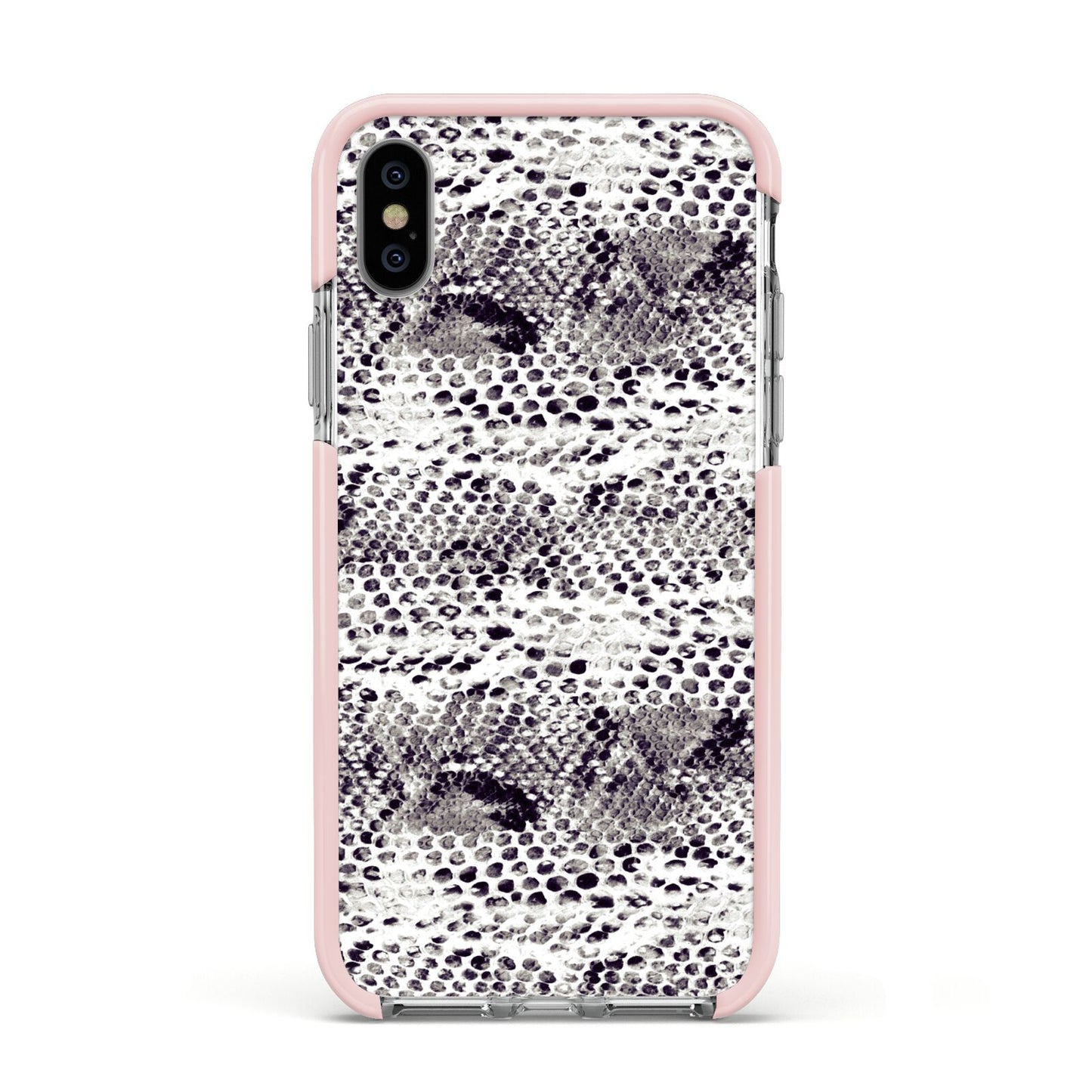 Textured Snakeskin Apple iPhone Xs Impact Case Pink Edge on Silver Phone