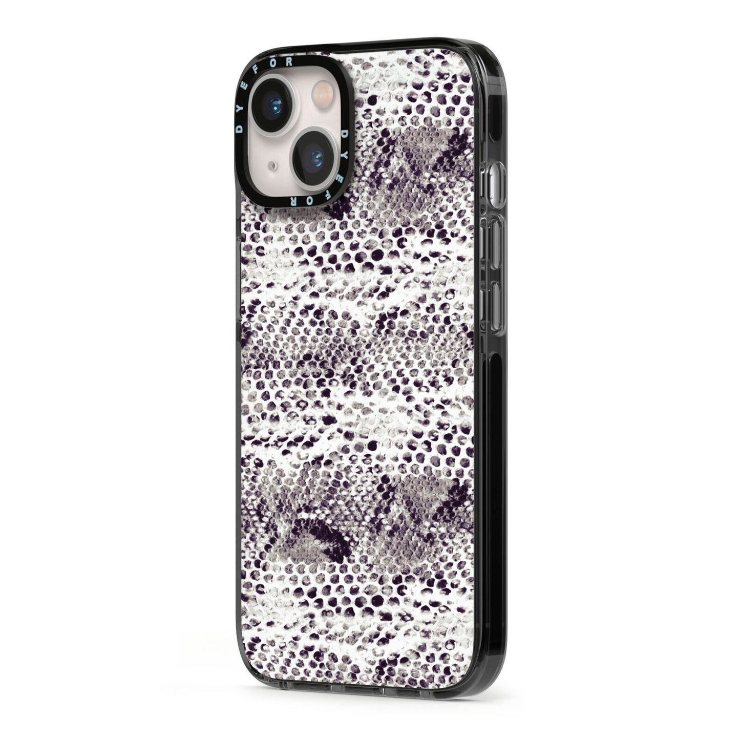 Textured Snakeskin iPhone 13 Black Impact Case Side Angle on Silver phone