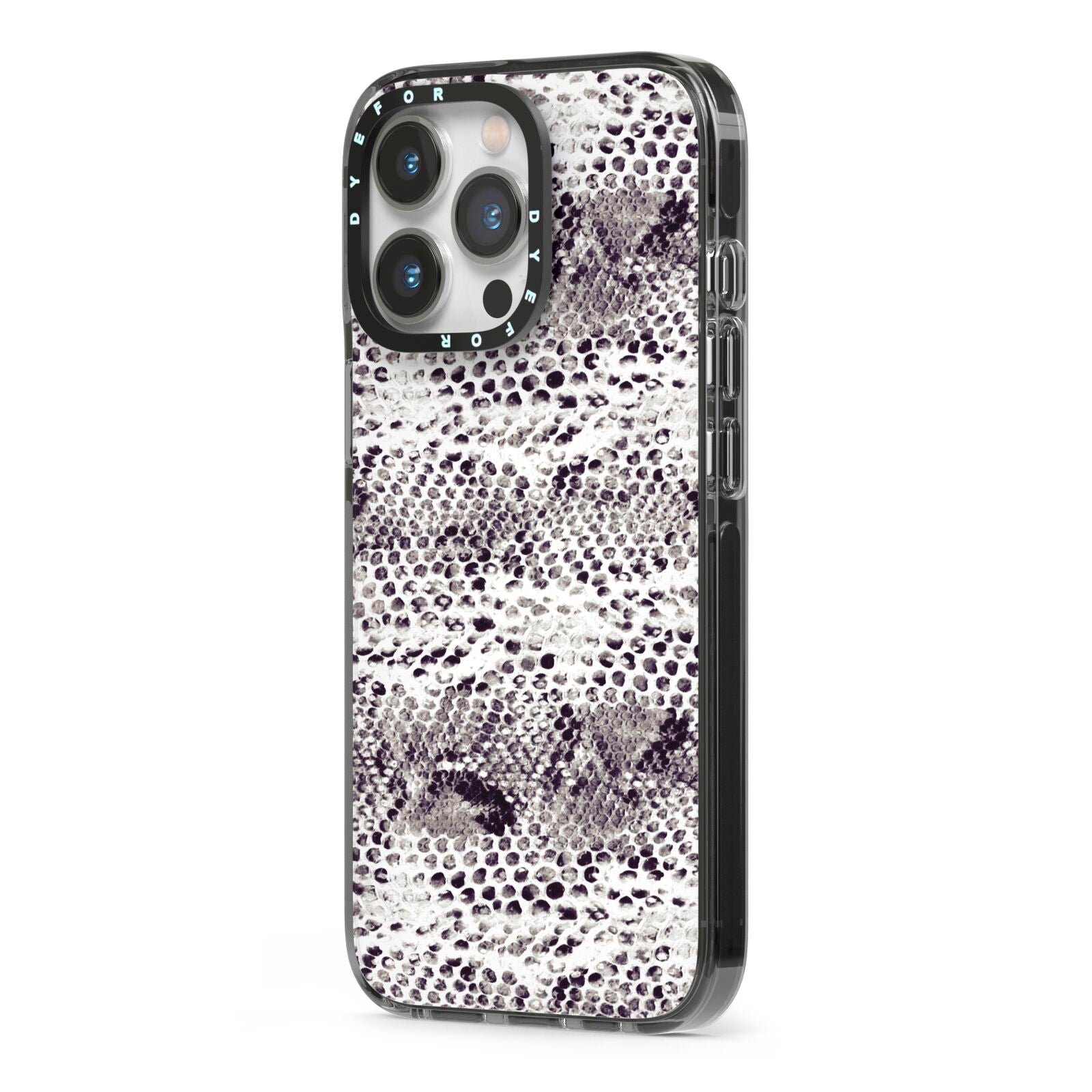 Textured Snakeskin iPhone 13 Pro Black Impact Case Side Angle on Silver phone