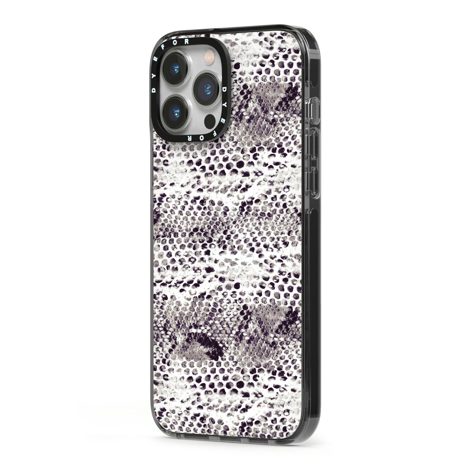 Textured Snakeskin iPhone 13 Pro Max Black Impact Case Side Angle on Silver phone