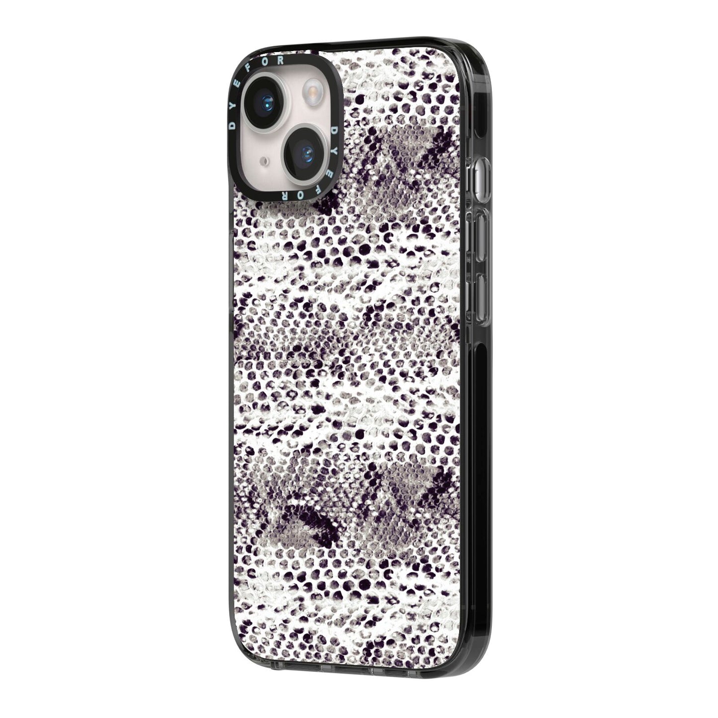 Textured Snakeskin iPhone 14 Black Impact Case Side Angle on Silver phone