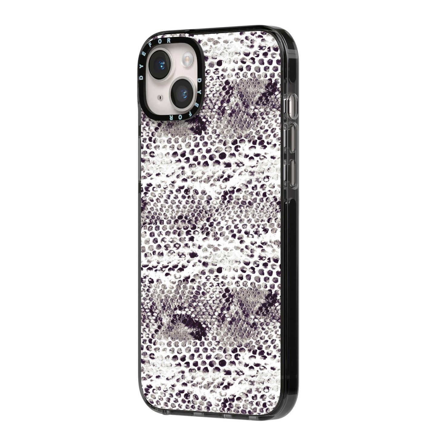 Textured Snakeskin iPhone 14 Plus Black Impact Case Side Angle on Silver phone