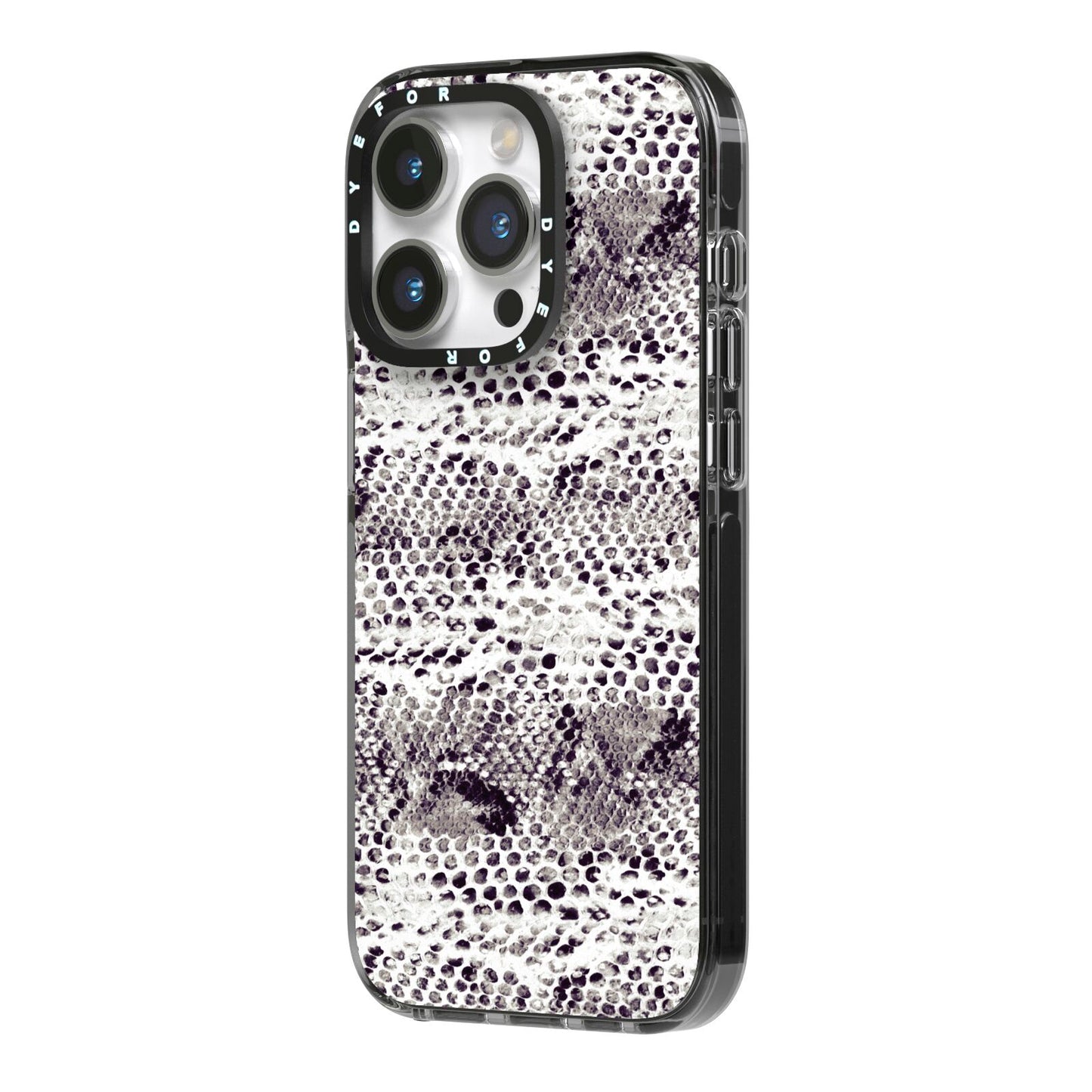 Textured Snakeskin iPhone 14 Pro Black Impact Case Side Angle on Silver phone