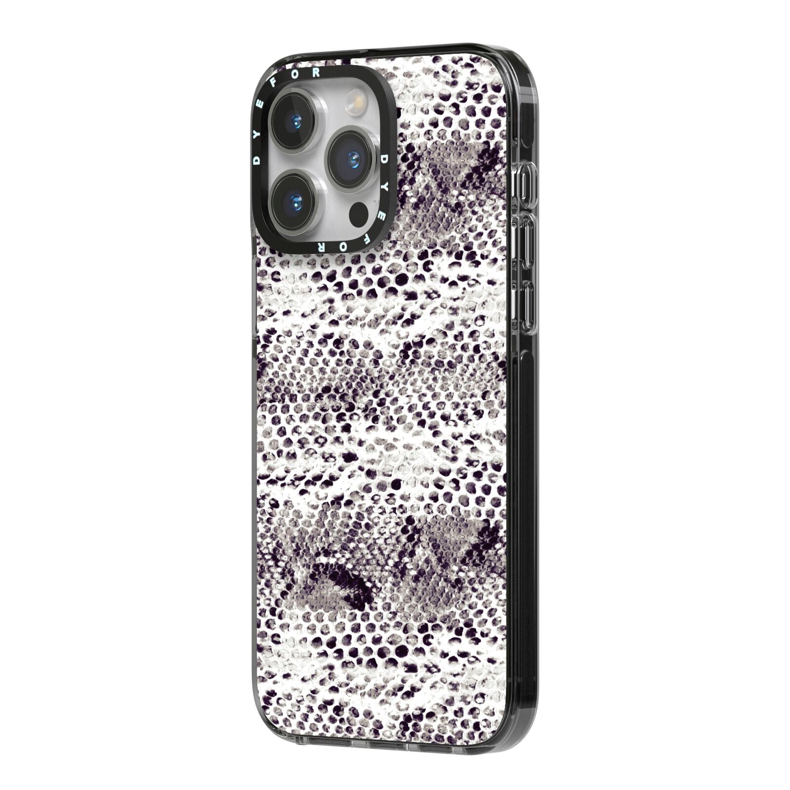 Textured Snakeskin iPhone 14 Pro Max Black Impact Case Side Angle on Silver phone