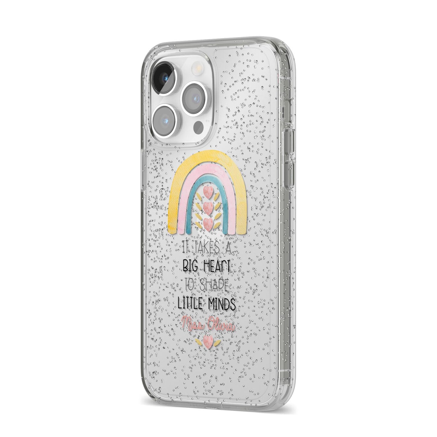 Thank You Teacher iPhone 14 Pro Max Glitter Tough Case Silver Angled Image