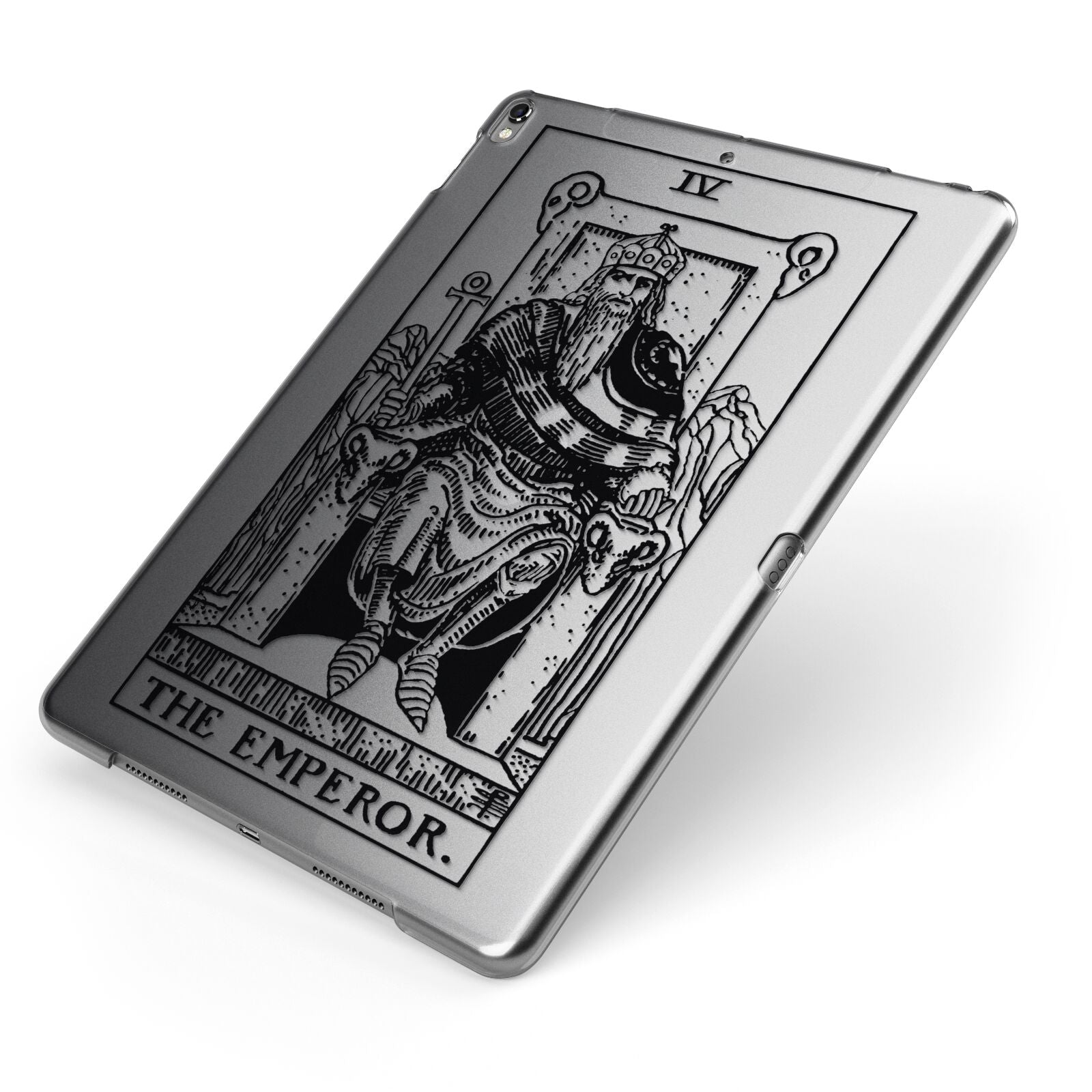 The Emperor Monochrome Tarot Card Apple iPad Case on Grey iPad Side View