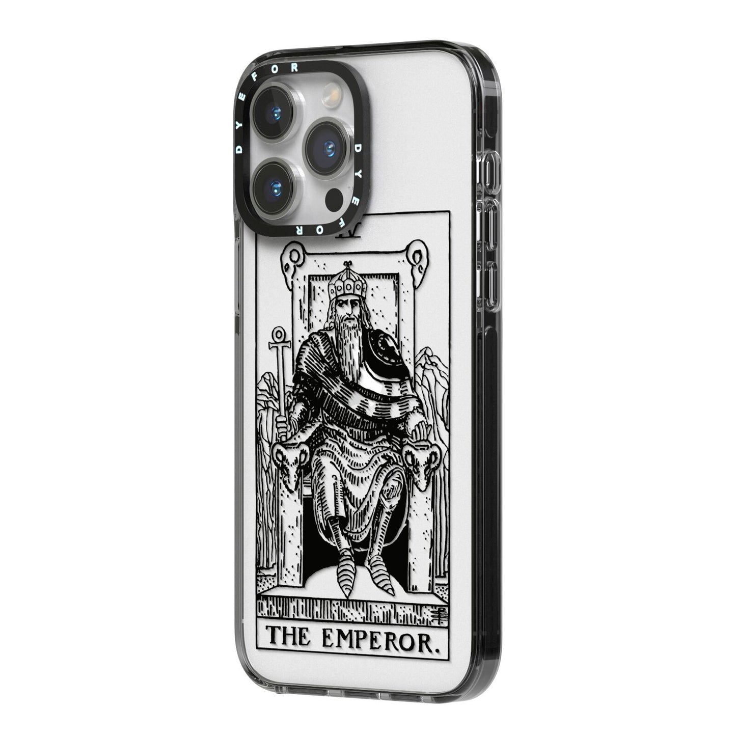 The Emperor Monochrome Tarot Card iPhone 14 Pro Max Black Impact Case Side Angle on Silver phone