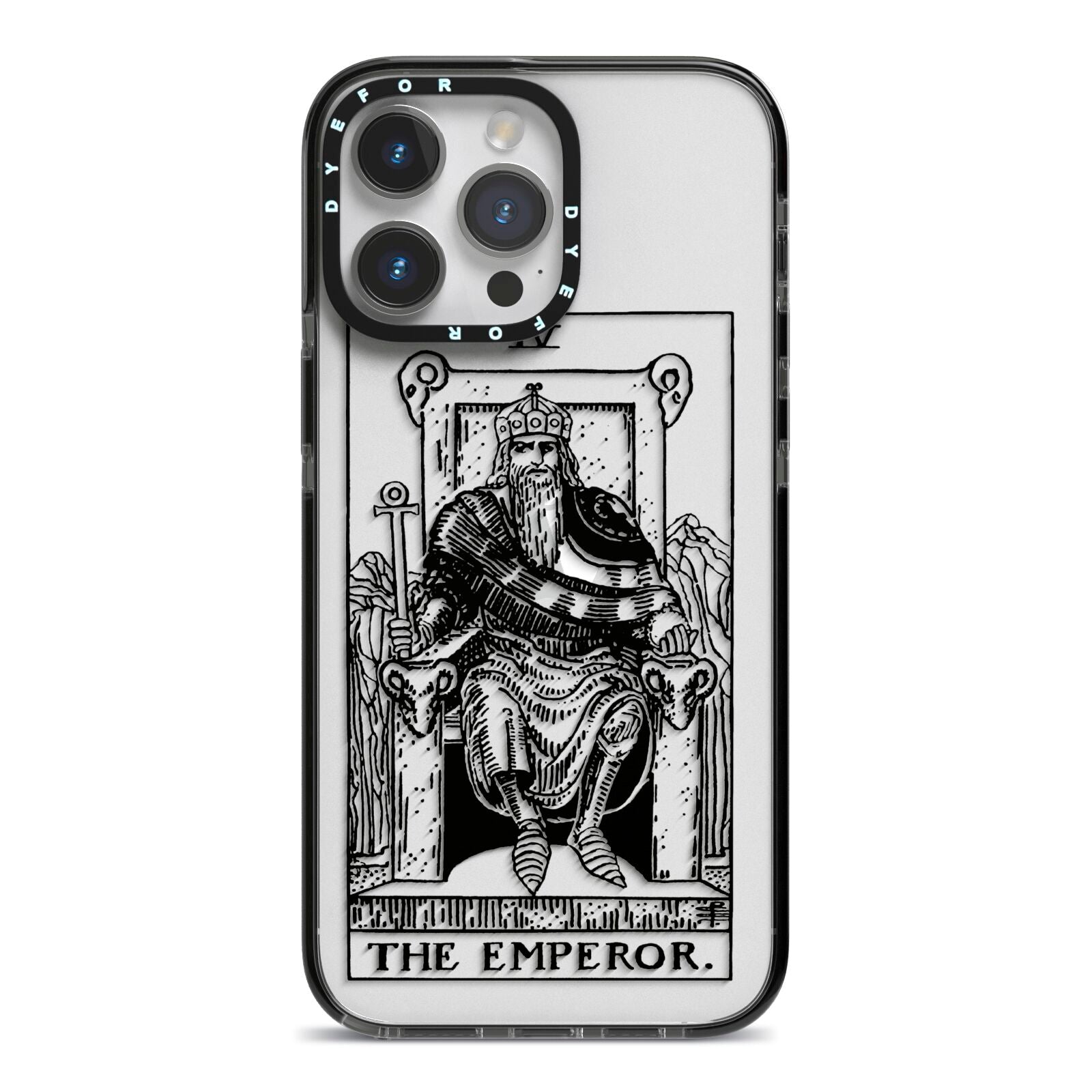 The Emperor Monochrome Tarot Card iPhone 14 Pro Max Black Impact Case on Silver phone