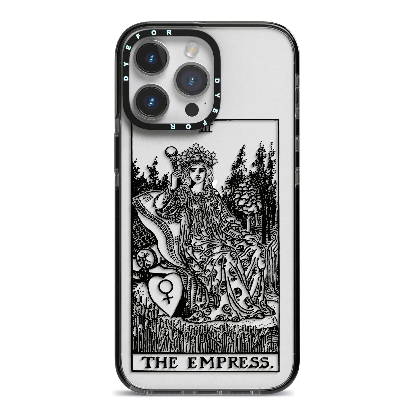 The Empress Monochrome Tarot Card iPhone 14 Pro Max Black Impact Case on Silver phone