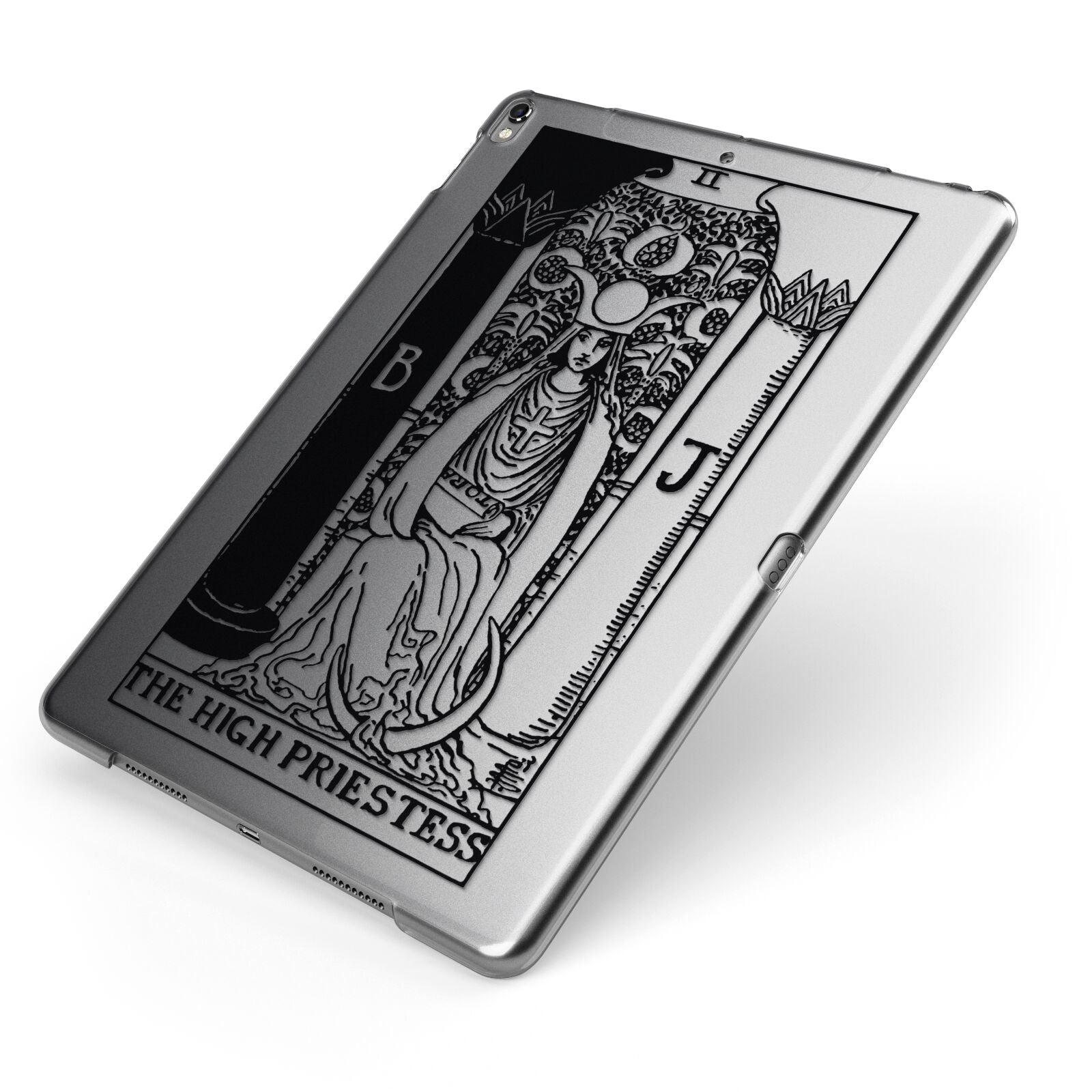 The High Priestess Monochrome Tarot Card Apple iPad Case on Grey iPad Side View