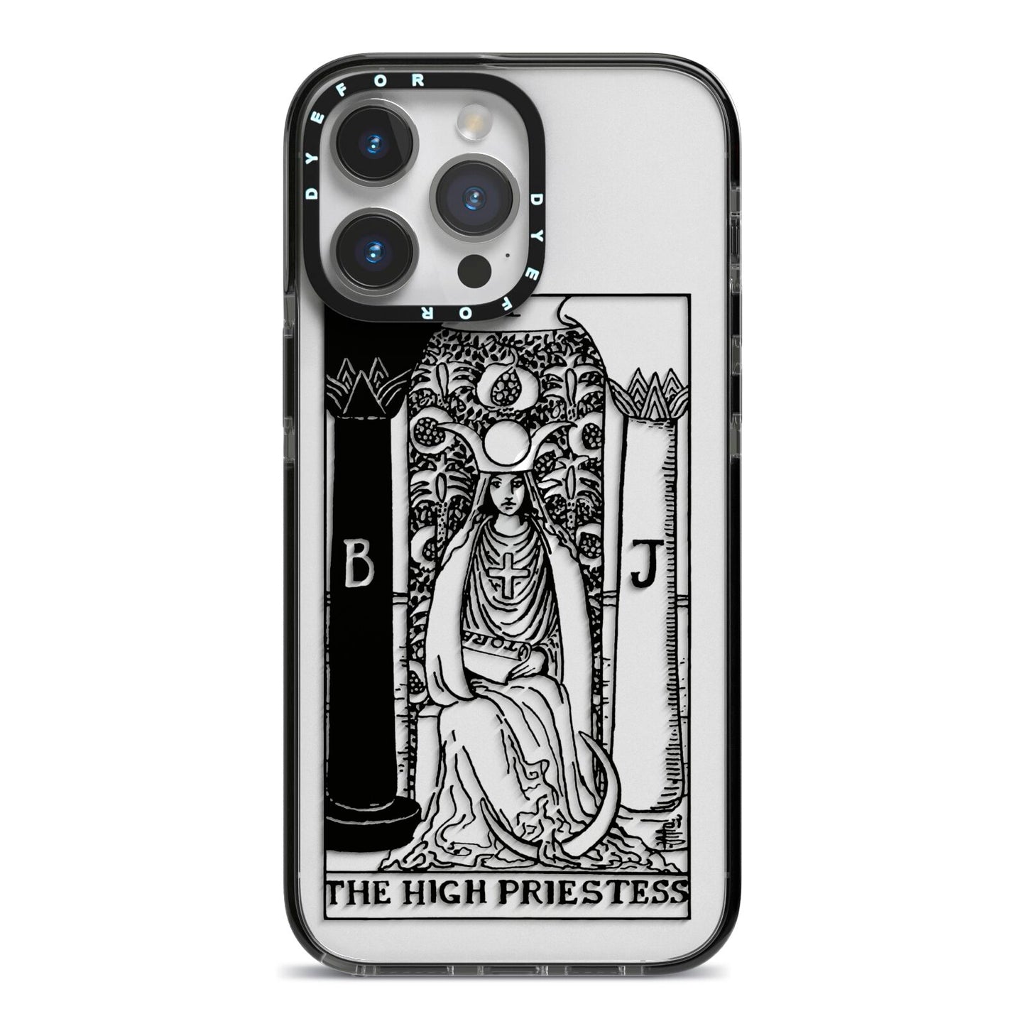 The High Priestess Monochrome Tarot Card iPhone 14 Pro Max Black Impact Case on Silver phone