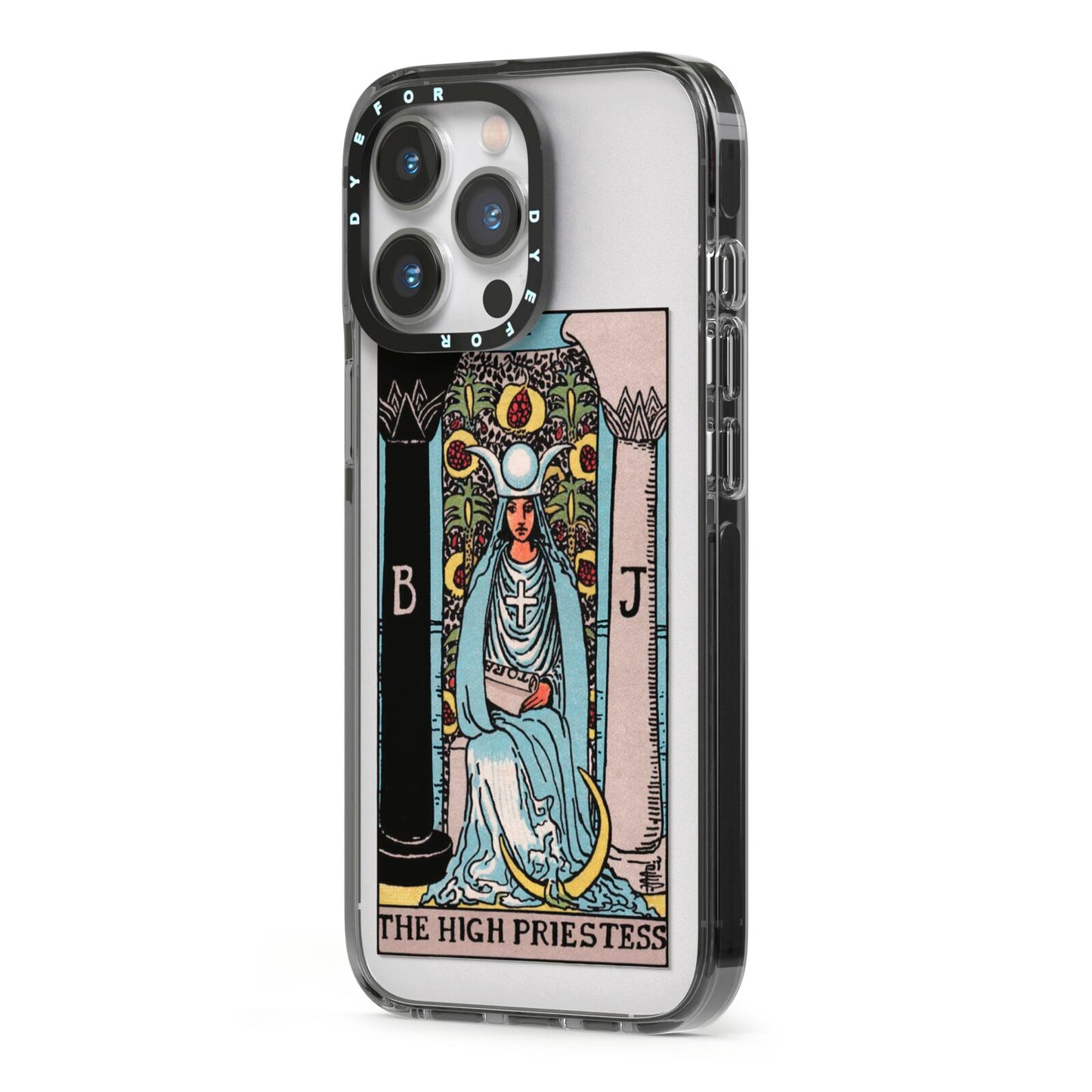 The High Priestess Tarot Card iPhone 13 Pro Black Impact Case Side Angle on Silver phone