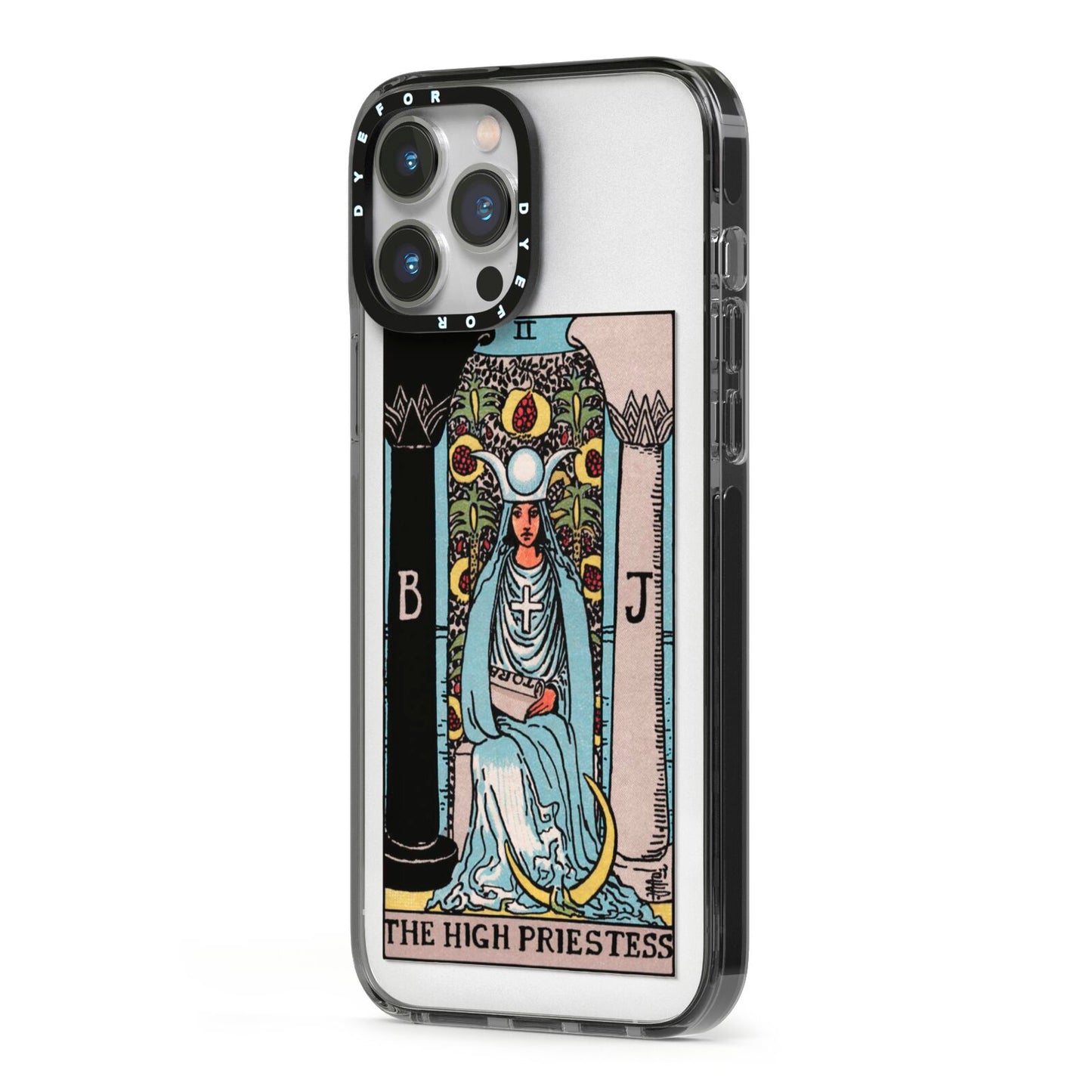 The High Priestess Tarot Card iPhone 13 Pro Max Black Impact Case Side Angle on Silver phone