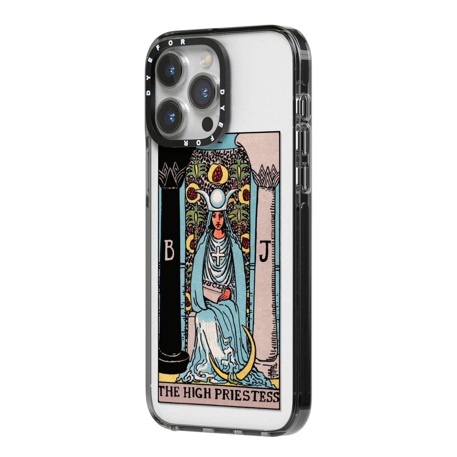 The High Priestess Tarot Card iPhone 14 Pro Max Black Impact Case Side Angle on Silver phone