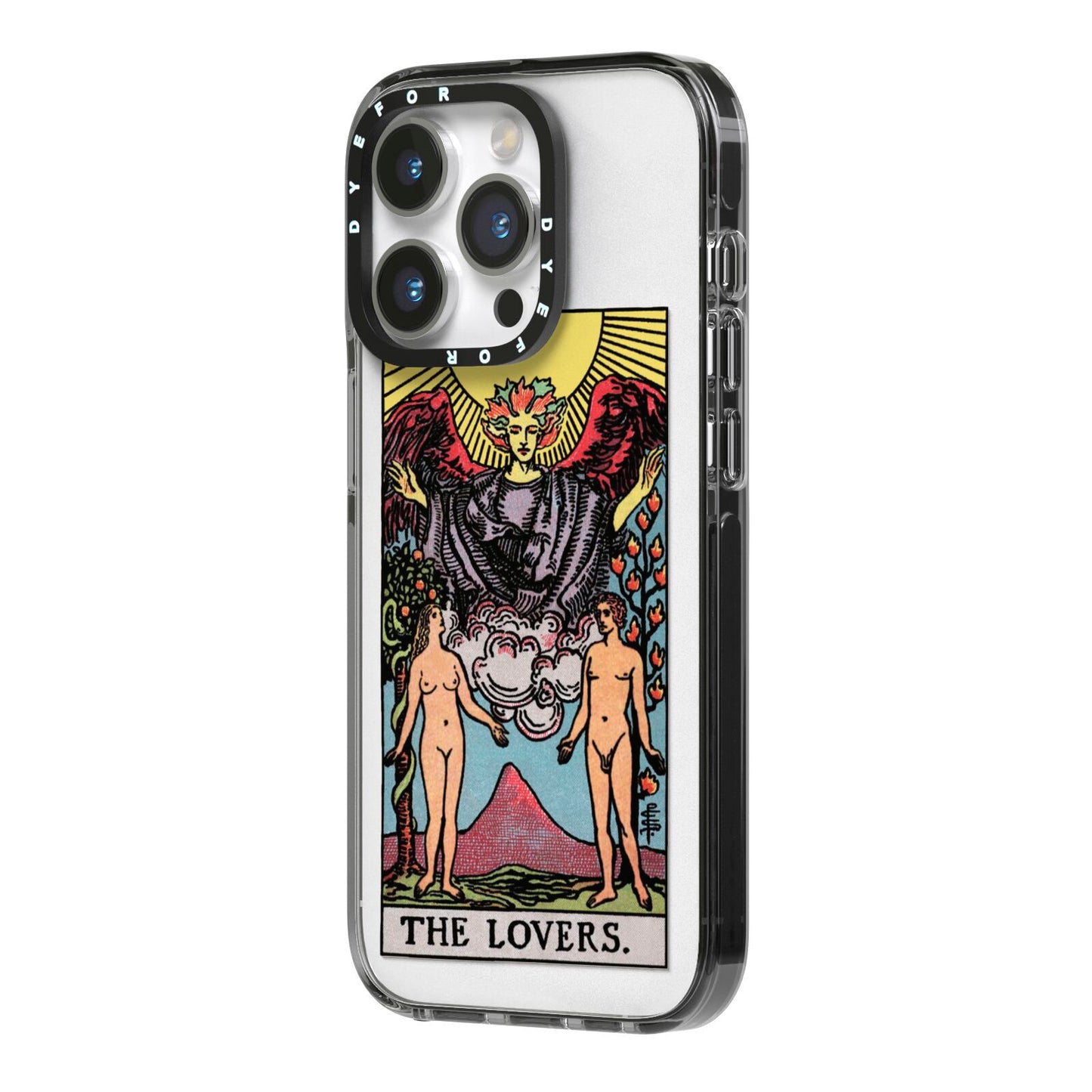 The Lovers Tarot Card iPhone 14 Pro Black Impact Case Side Angle on Silver phone