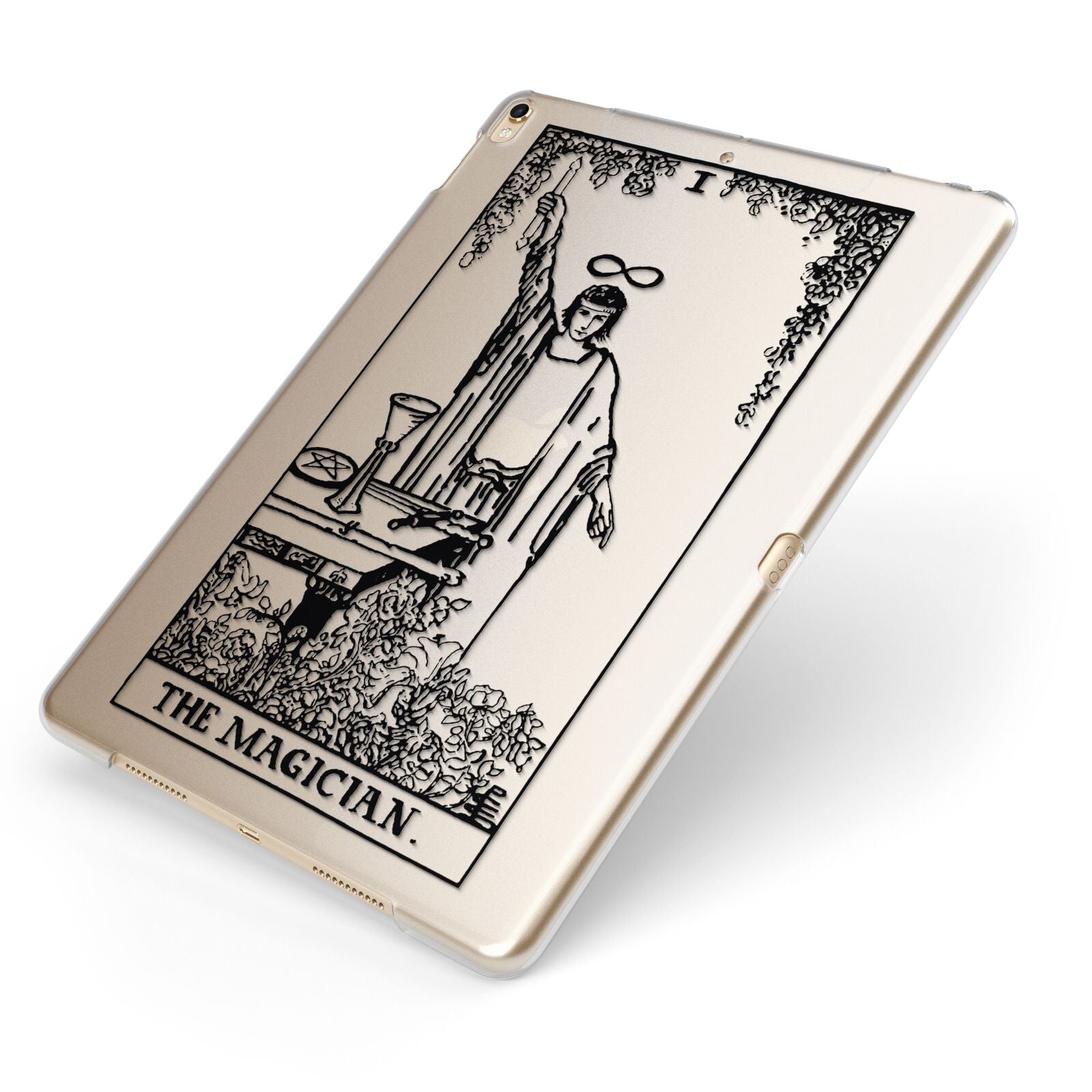 The Magician Monochrome Tarot Card Apple iPad Case on Gold iPad Side View