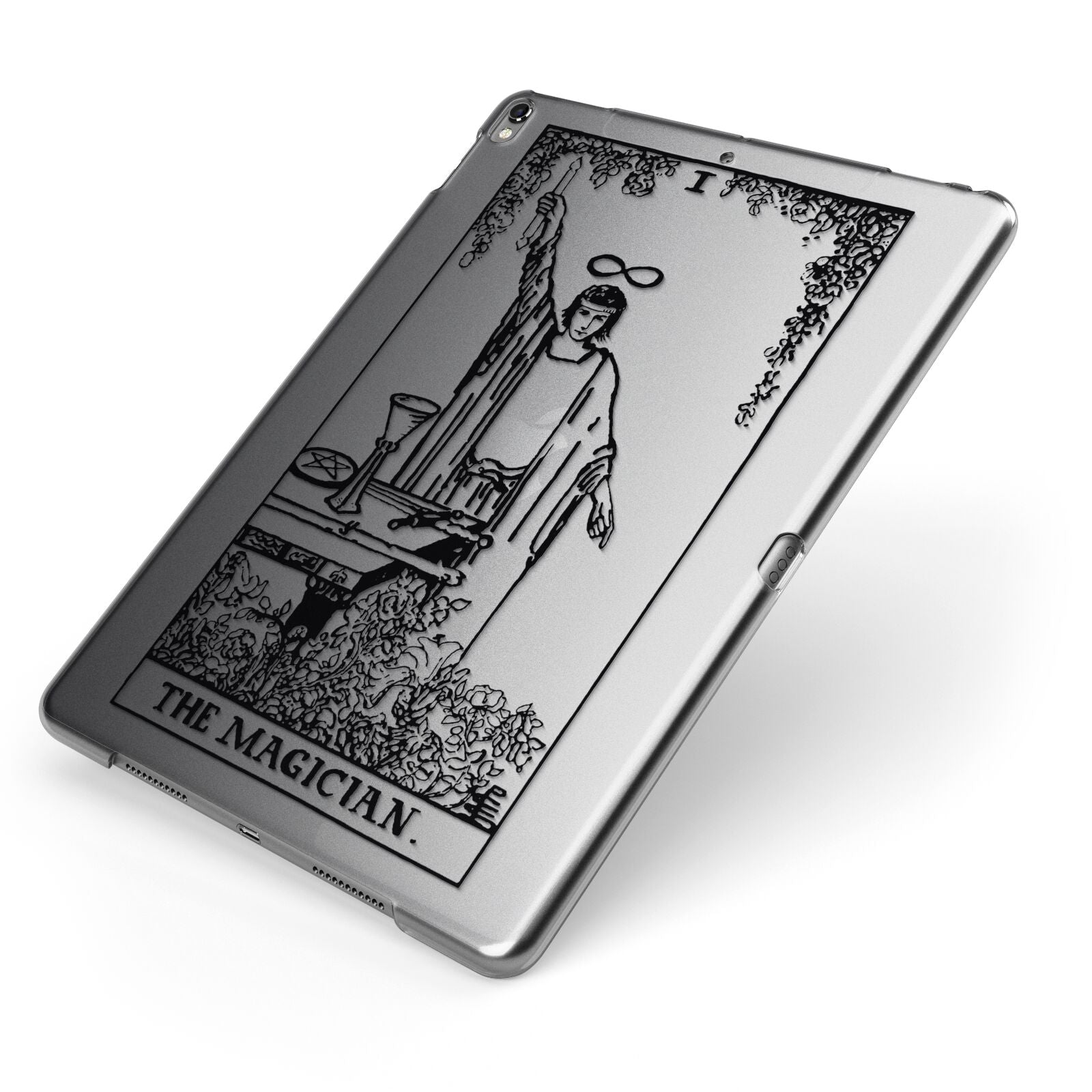 The Magician Monochrome Tarot Card Apple iPad Case on Grey iPad Side View