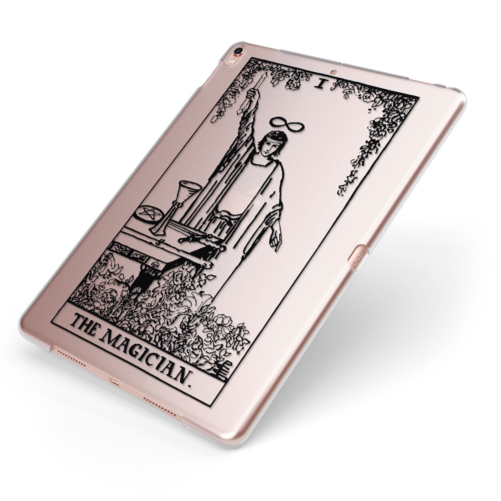 The Magician Monochrome Tarot Card Apple iPad Case on Rose Gold iPad Side View