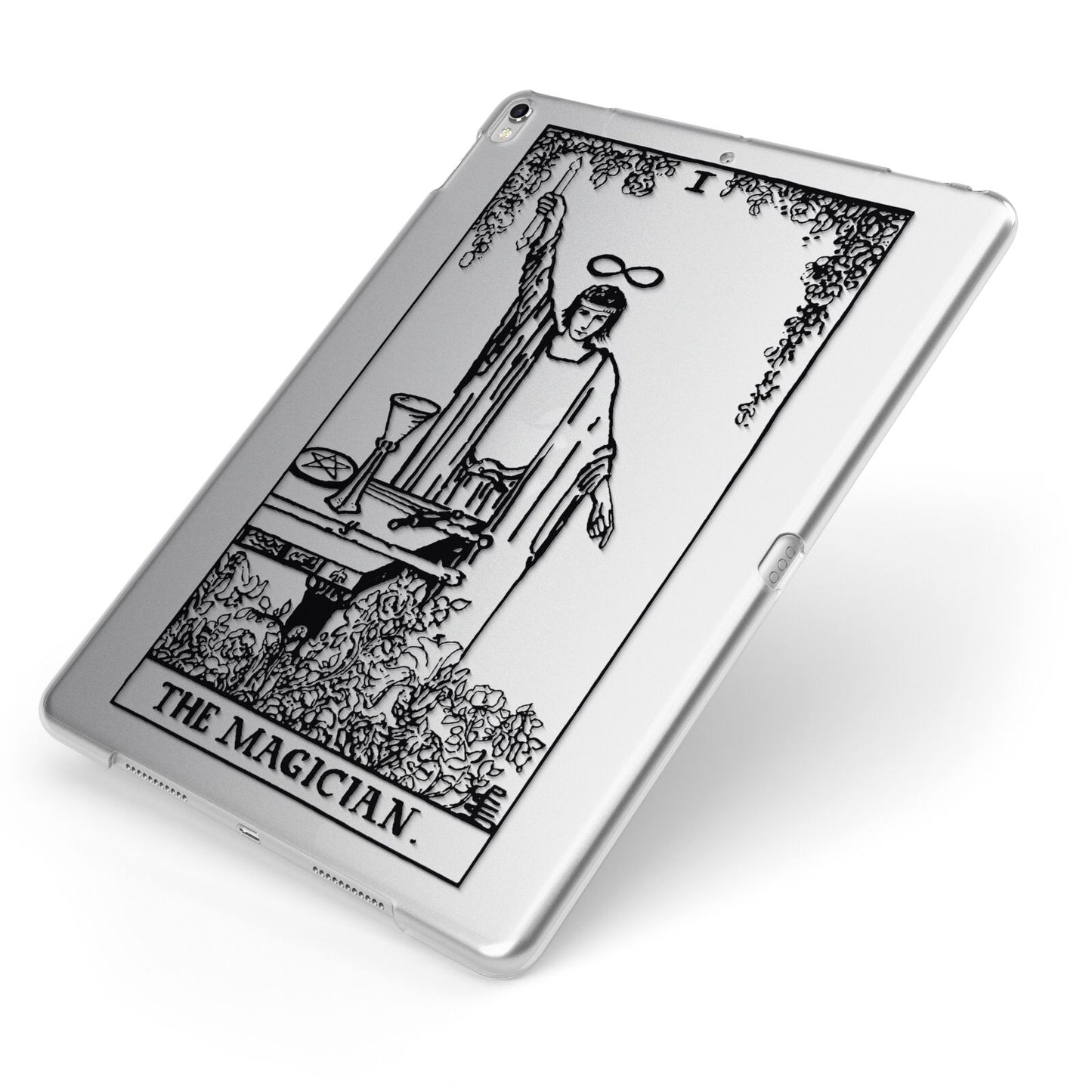 The Magician Monochrome Tarot Card Apple iPad Case on Silver iPad Side View