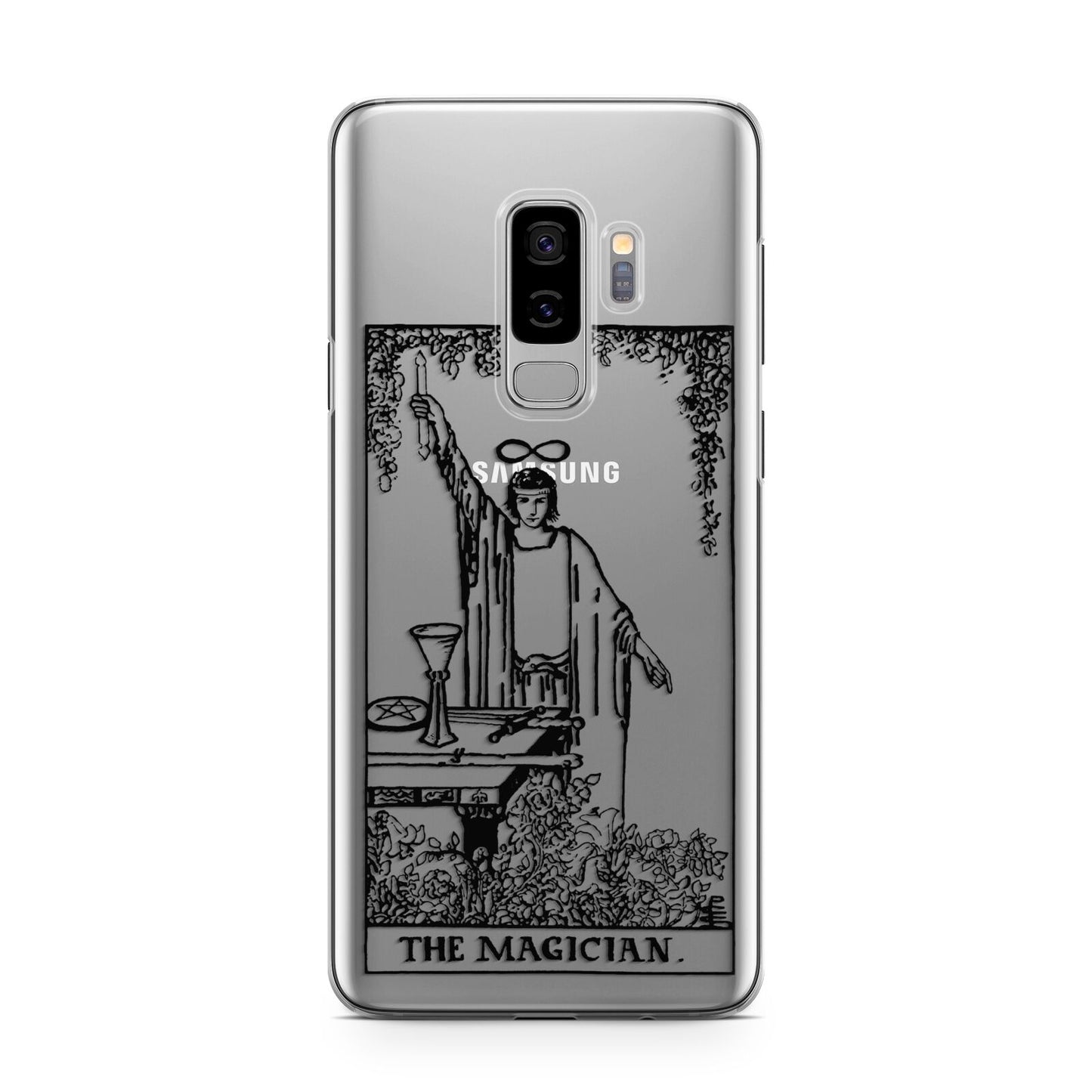 The Magician Monochrome Tarot Card Samsung Galaxy S9 Plus Case on Silver phone