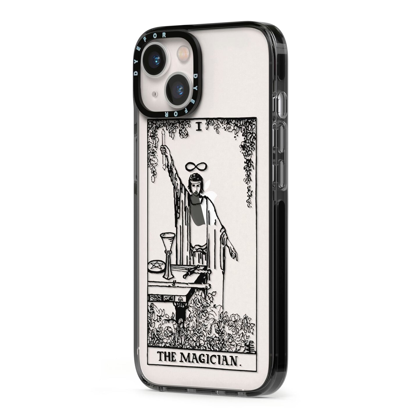 The Magician Monochrome Tarot Card iPhone 13 Black Impact Case Side Angle on Silver phone