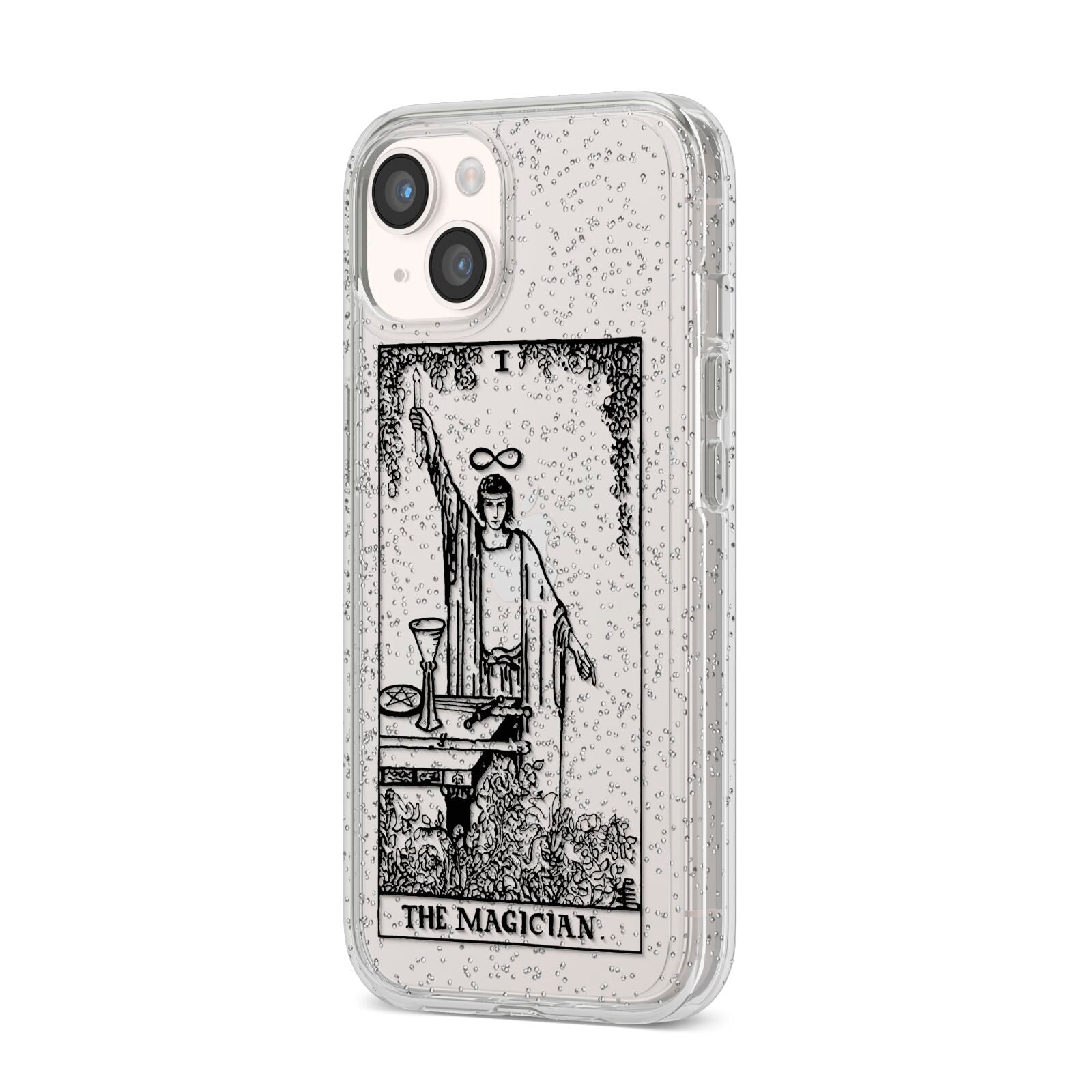 The Magician Monochrome Tarot Card iPhone 14 Glitter Tough Case Starlight Angled Image