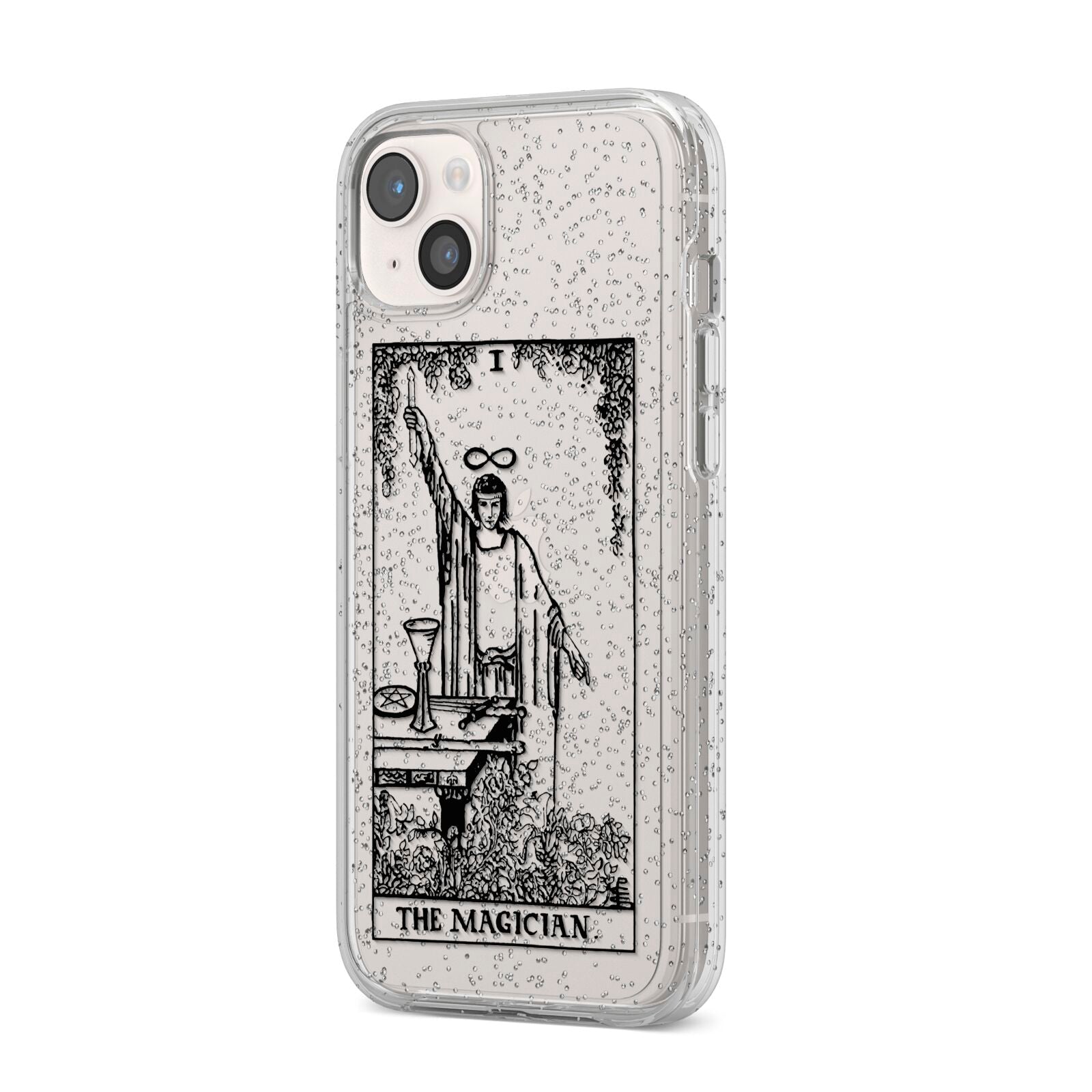 The Magician Monochrome Tarot Card iPhone 14 Plus Glitter Tough Case Starlight Angled Image