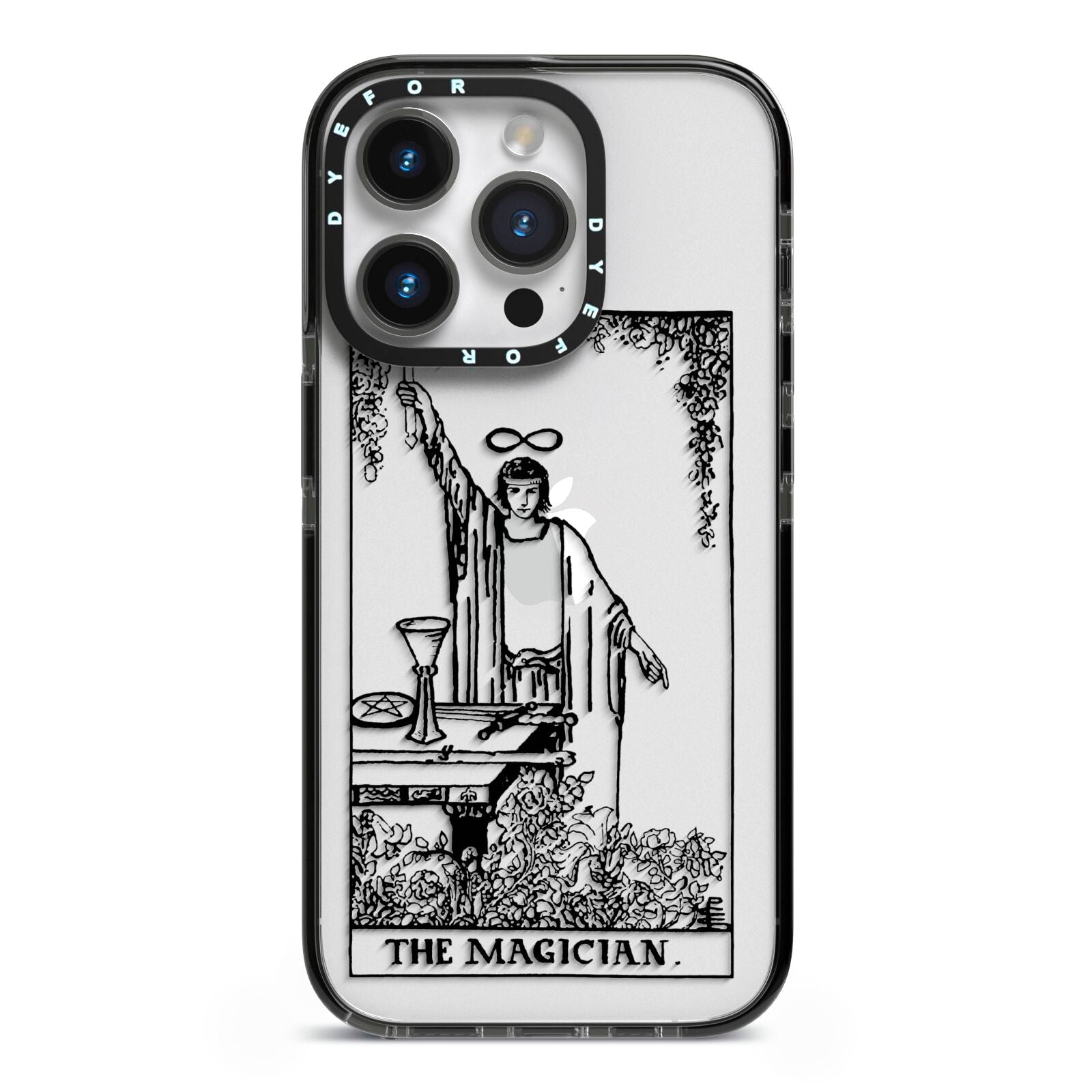 The Magician Monochrome Tarot Card iPhone 14 Pro Black Impact Case on Silver phone