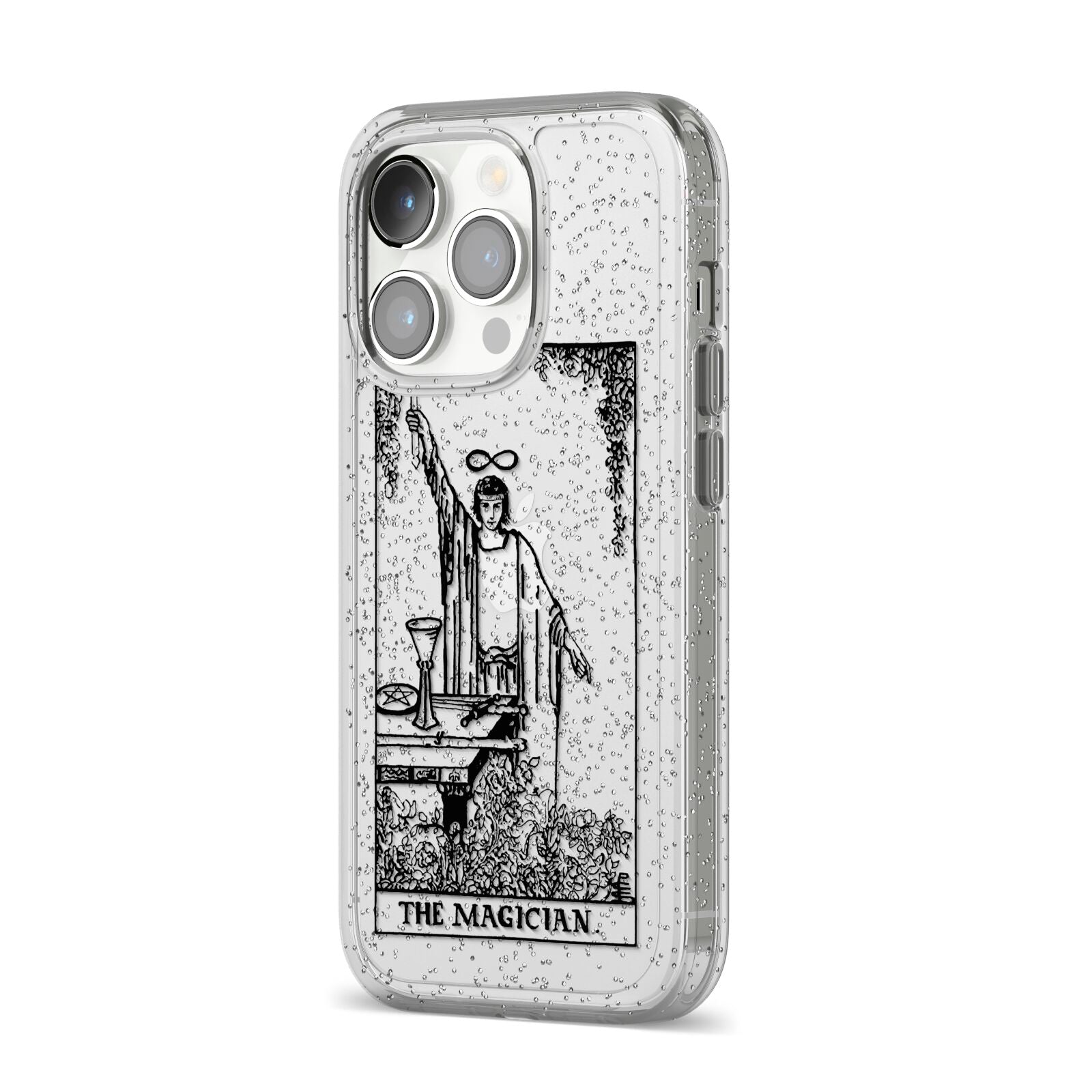 The Magician Monochrome Tarot Card iPhone 14 Pro Glitter Tough Case Silver Angled Image