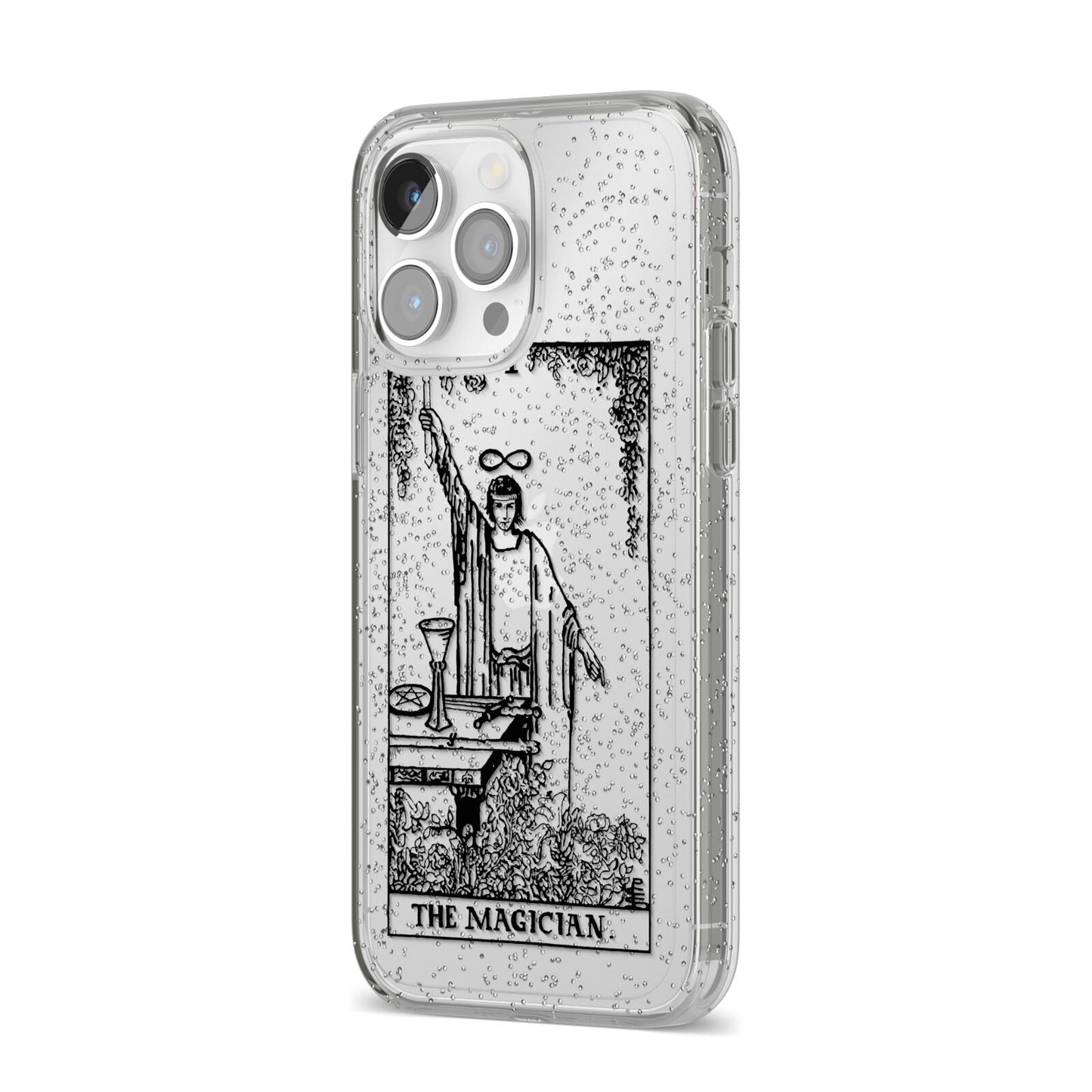 The Magician Monochrome Tarot Card iPhone 14 Pro Max Glitter Tough Case Silver Angled Image