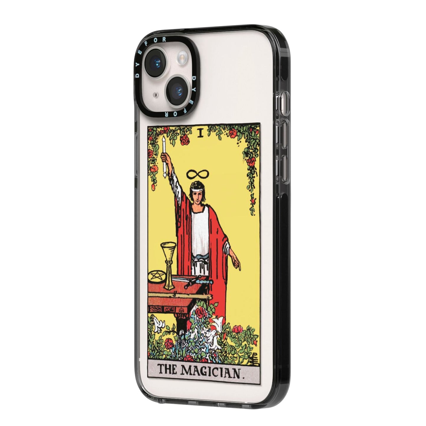 The Magician Tarot Card iPhone 14 Plus Black Impact Case Side Angle on Silver phone