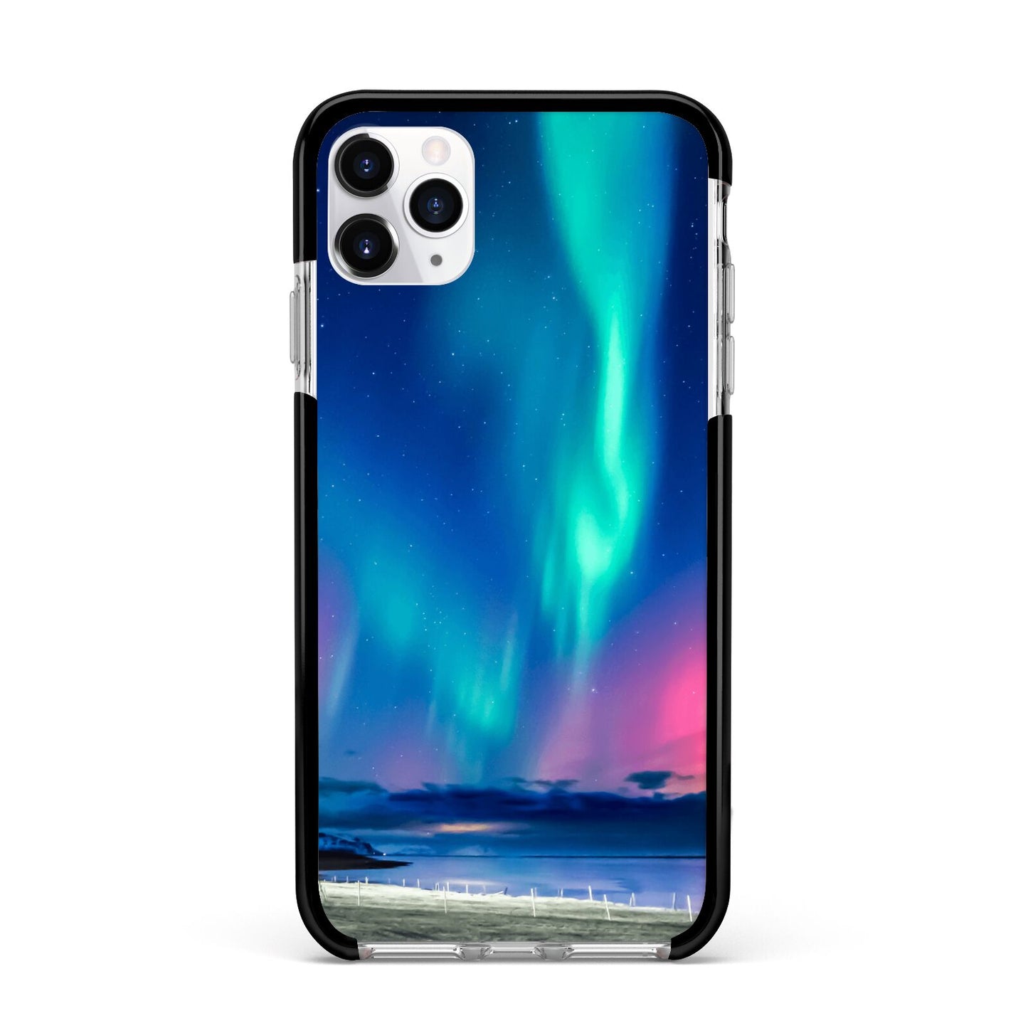 The Northern Lights Apple iPhone 11 Pro Max in Silver with Black Impact Case