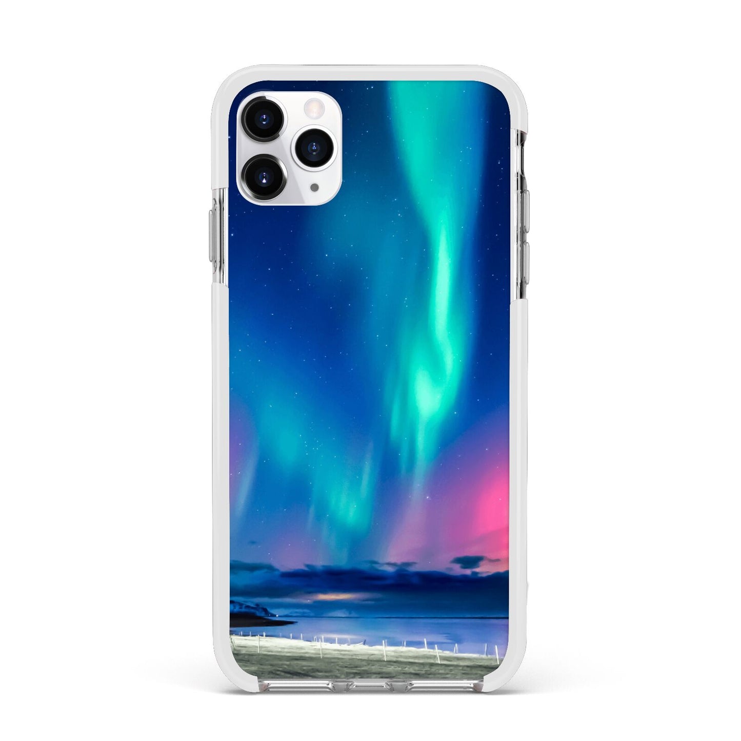 The Northern Lights Apple iPhone 11 Pro Max in Silver with White Impact Case