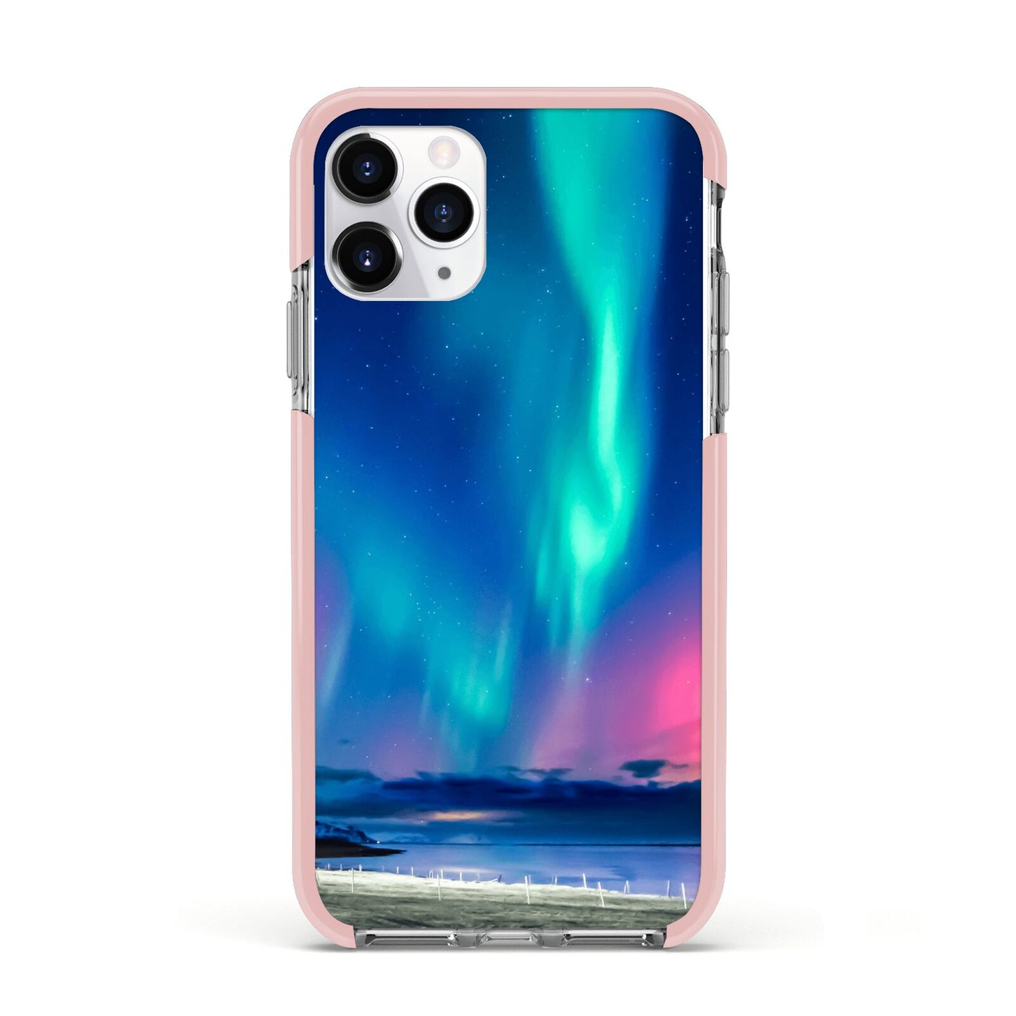 The Northern Lights Apple iPhone 11 Pro in Silver with Pink Impact Case