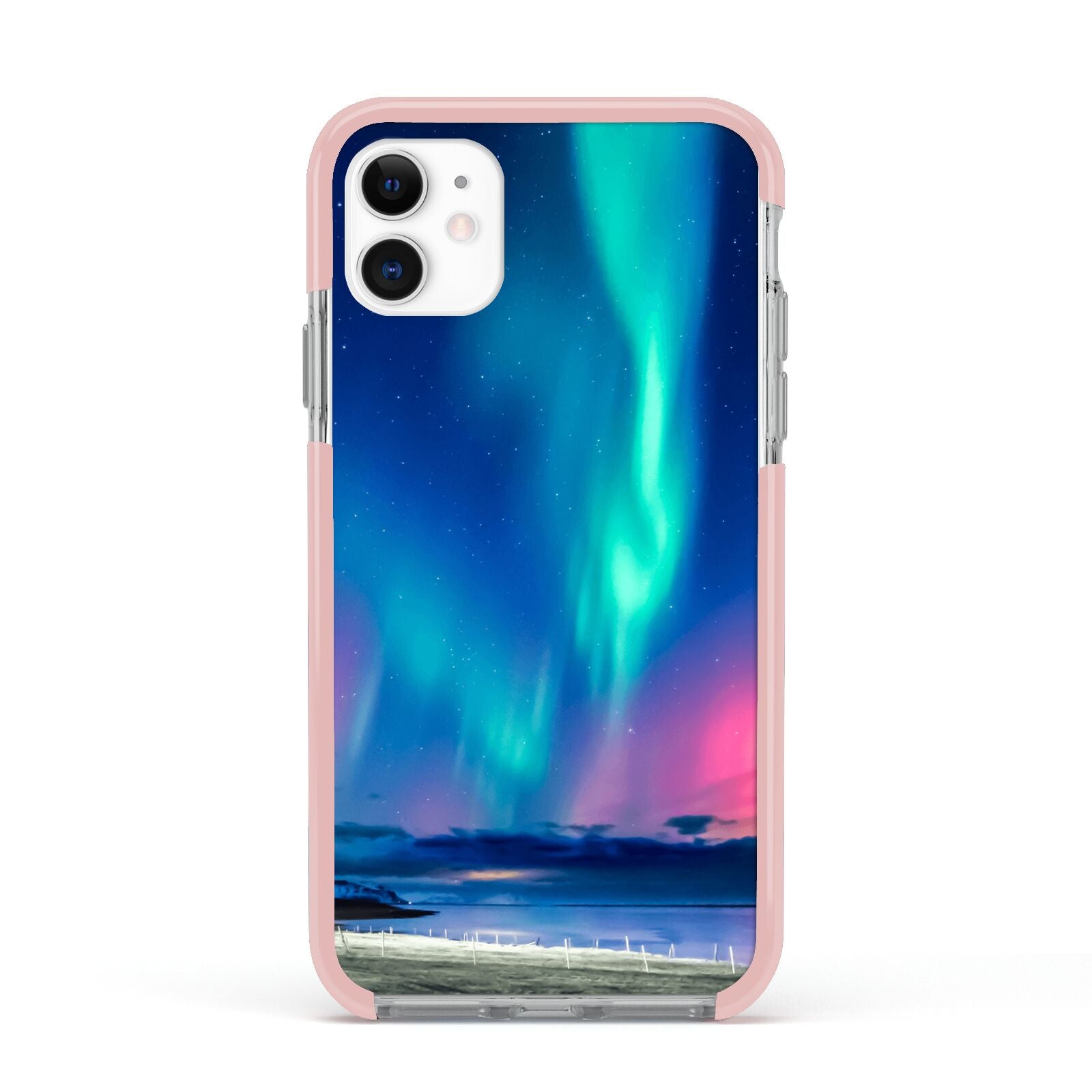 The Northern Lights Apple iPhone 11 in White with Pink Impact Case