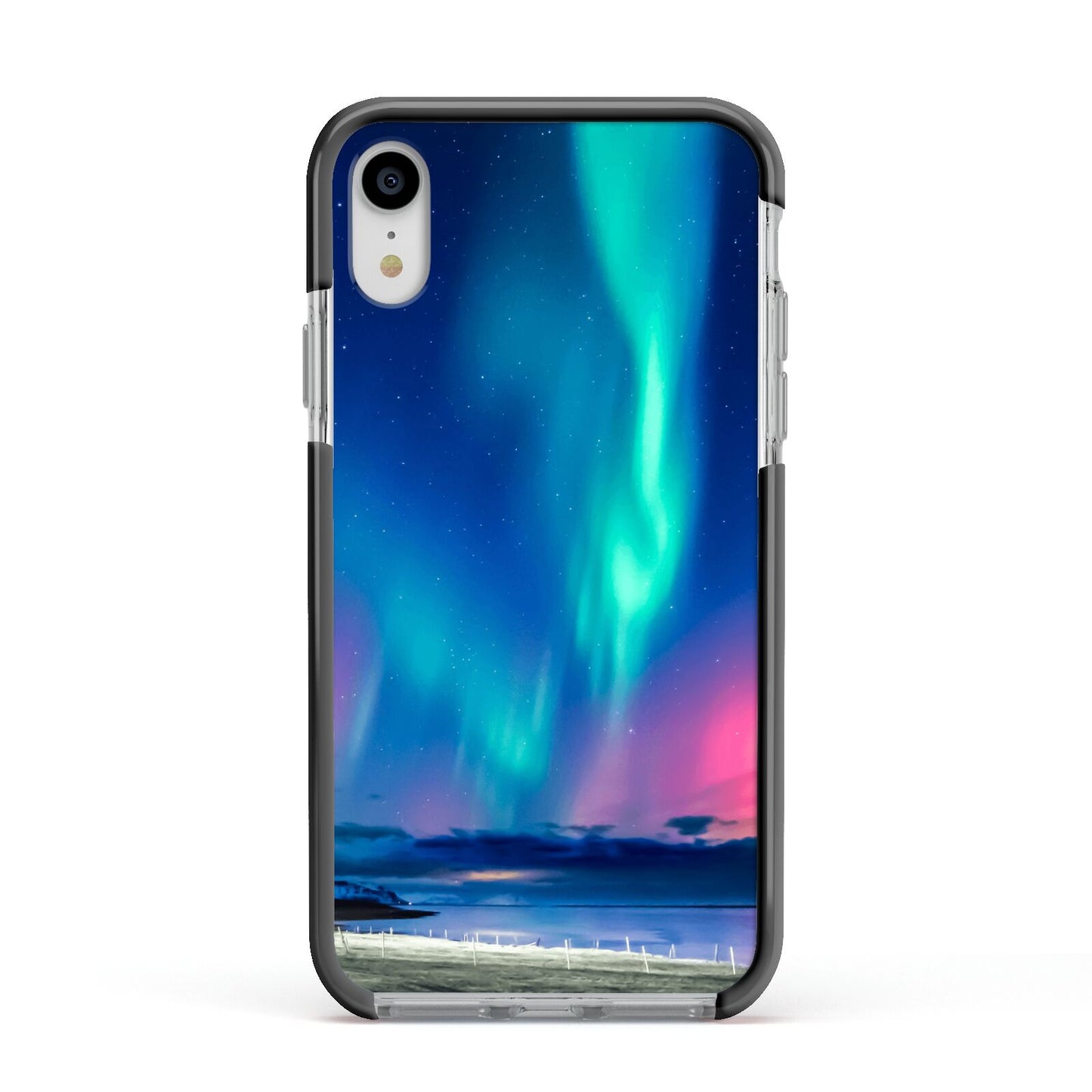 The Northern Lights Apple iPhone XR Impact Case Black Edge on Silver Phone