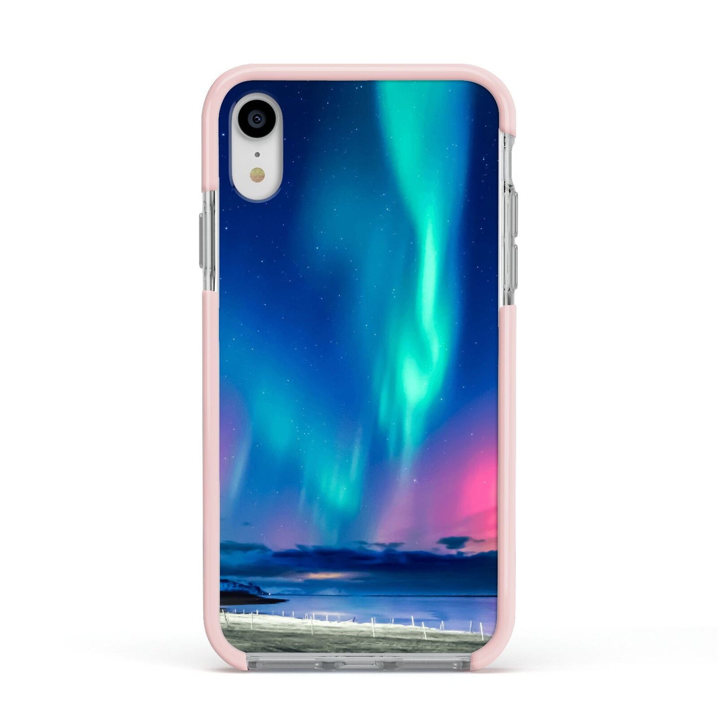 The Northern Lights Apple iPhone XR Impact Case Pink Edge on Silver Phone