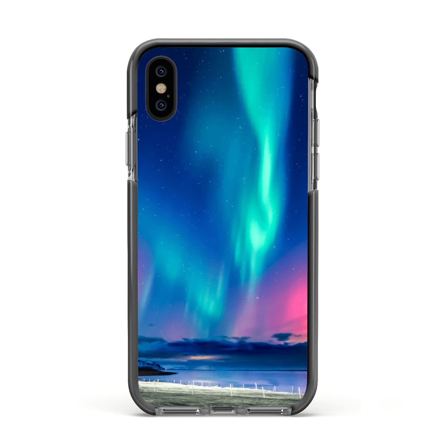 The Northern Lights Apple iPhone Xs Impact Case Black Edge on Black Phone