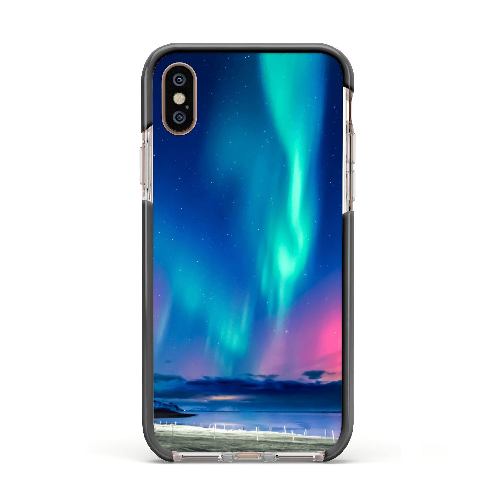 The Northern Lights Apple iPhone Xs Impact Case Black Edge on Gold Phone