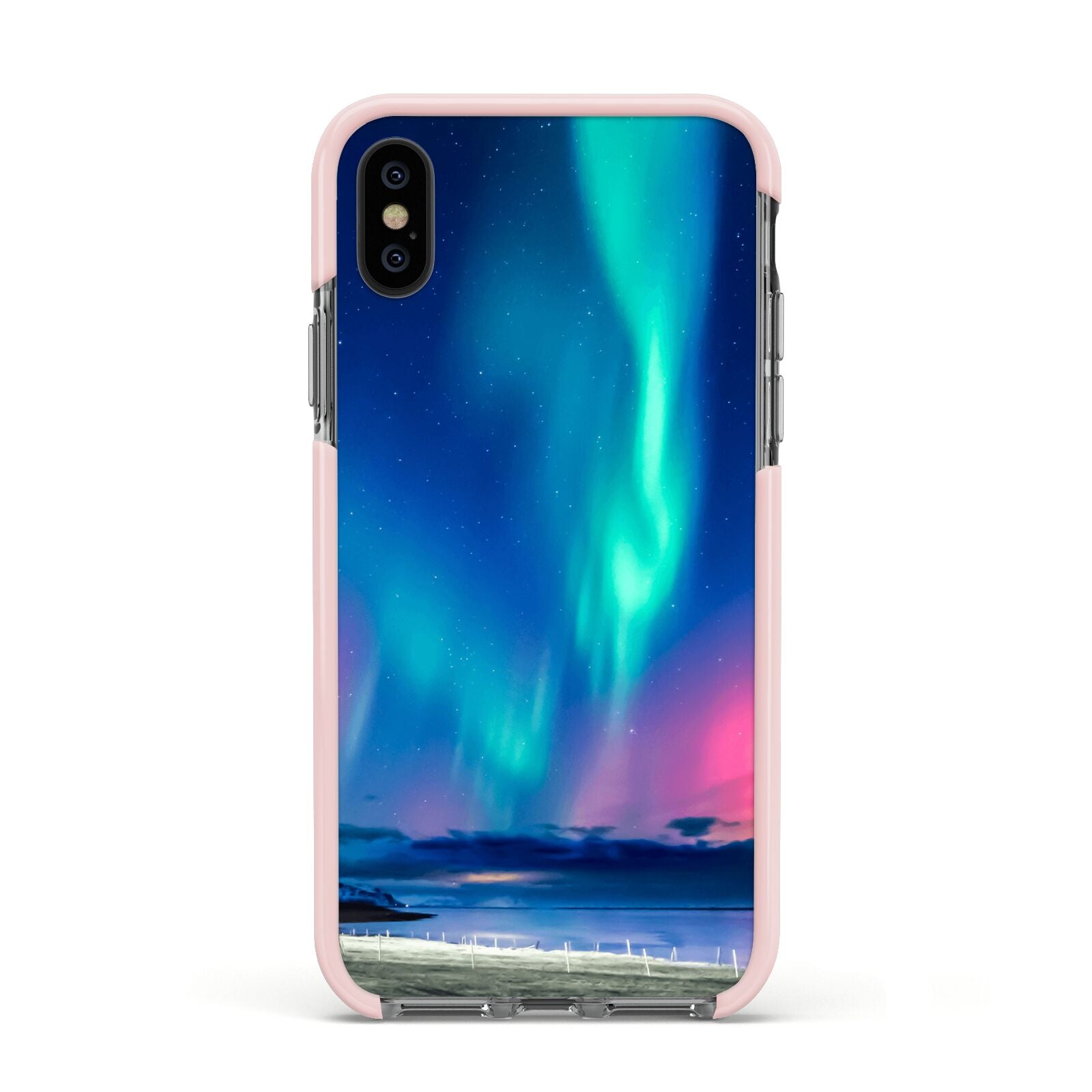 The Northern Lights Apple iPhone Xs Impact Case Pink Edge on Black Phone