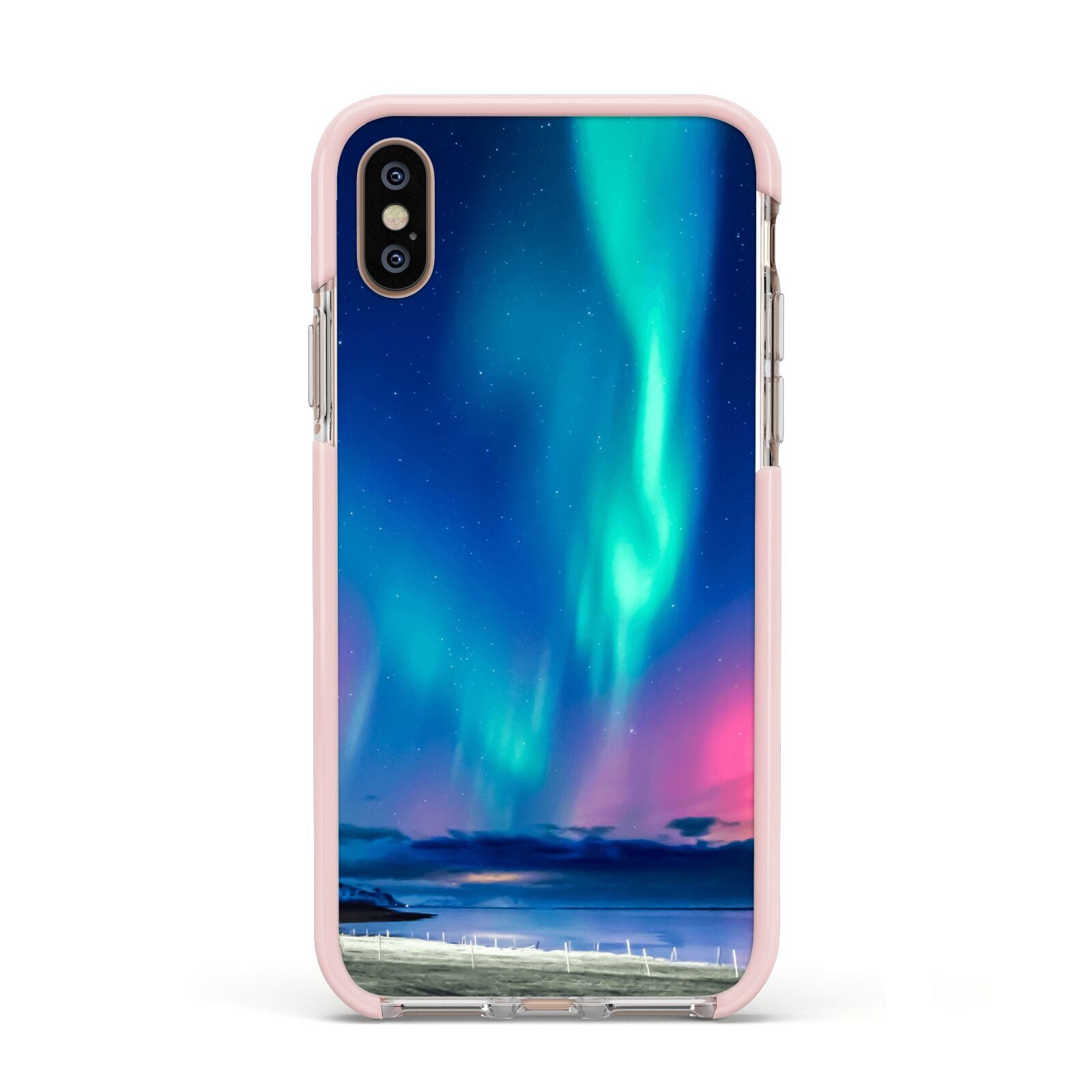 The Northern Lights Apple iPhone Xs Impact Case Pink Edge on Gold Phone