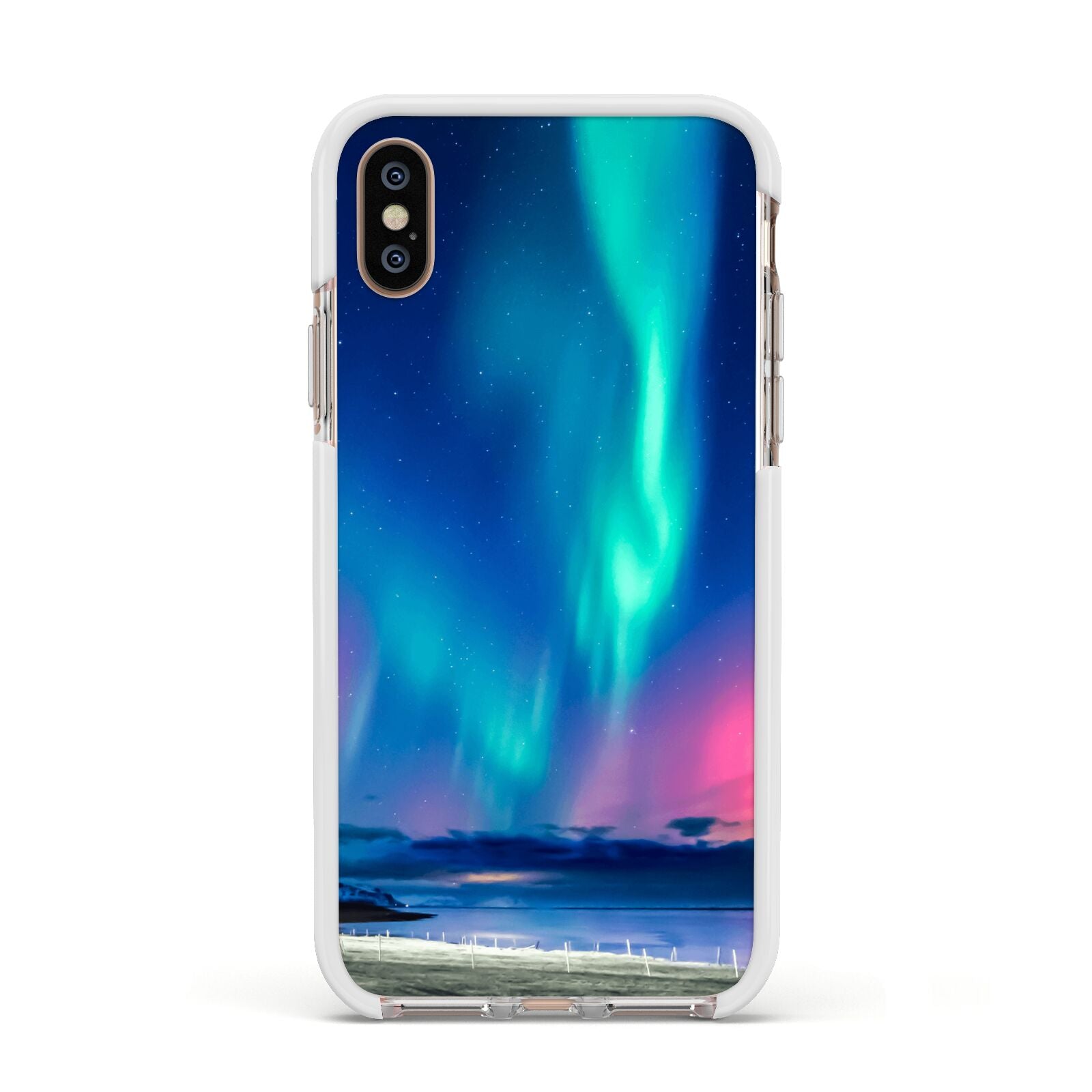 The Northern Lights Apple iPhone Xs Impact Case White Edge on Gold Phone