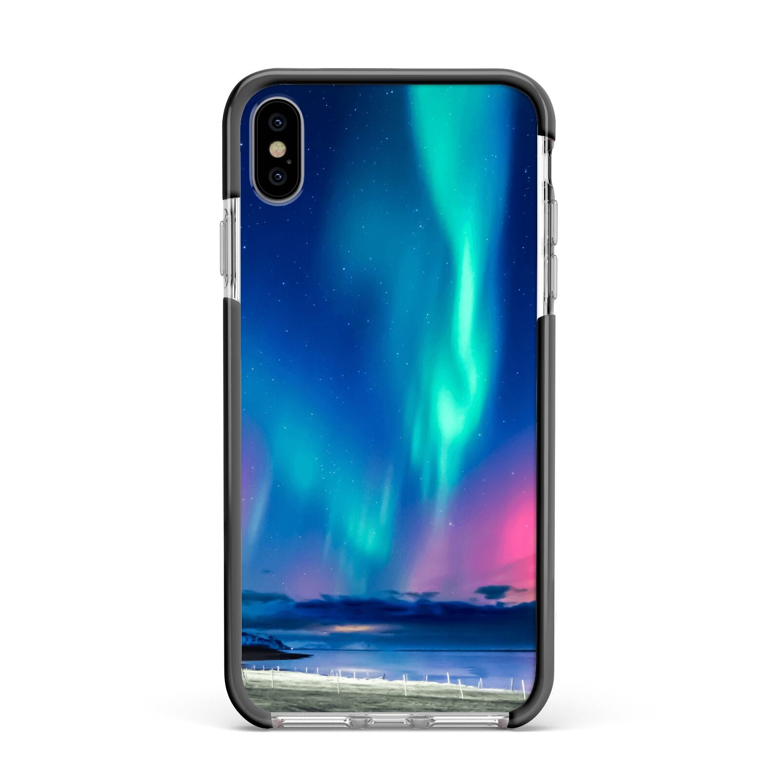 The Northern Lights Apple iPhone Xs Max Impact Case Black Edge on Silver Phone