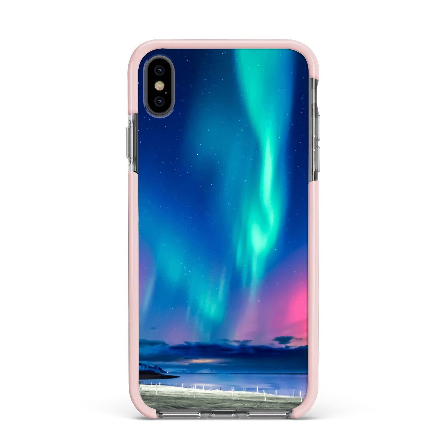 The Northern Lights Apple iPhone Xs Max Impact Case Pink Edge on Black Phone