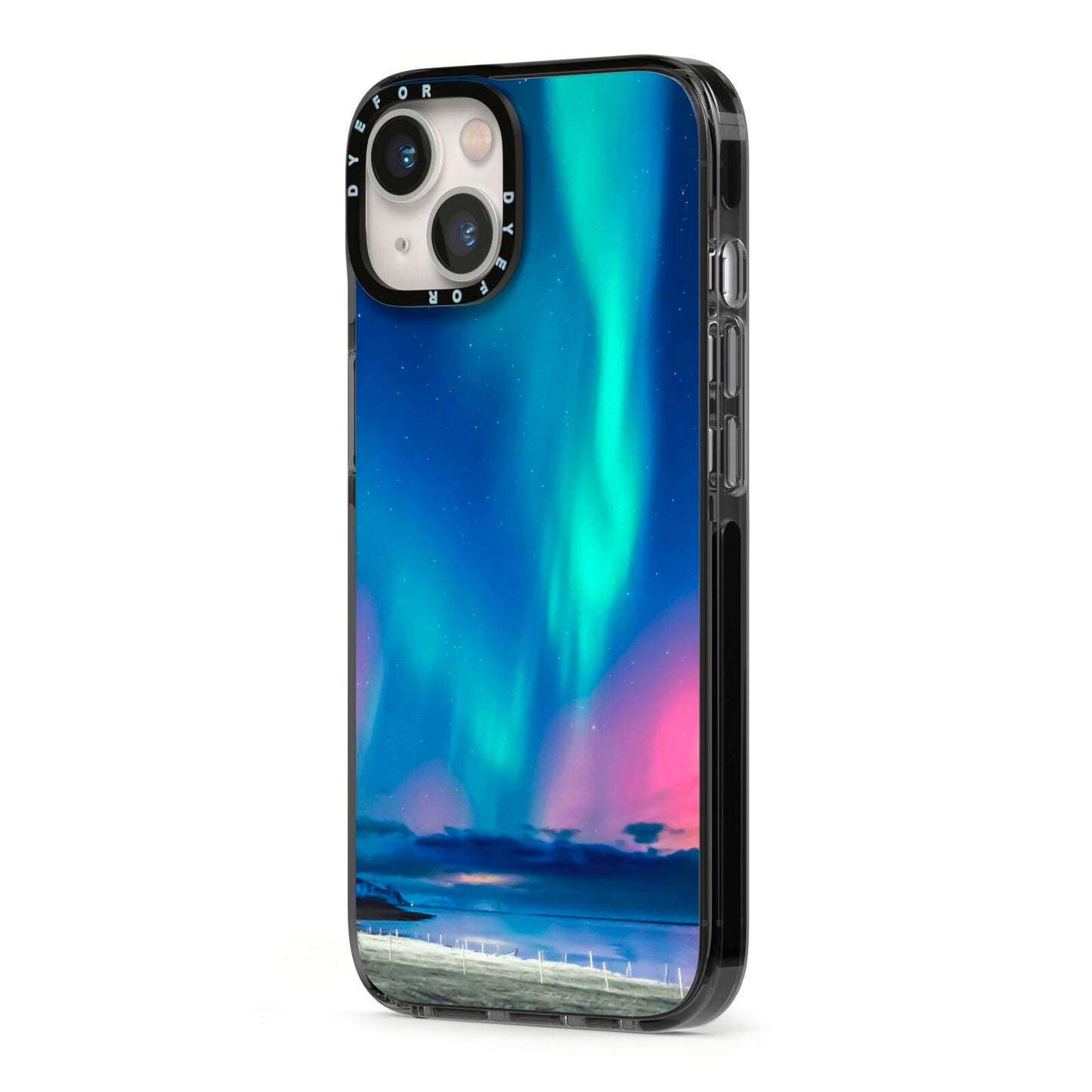 The Northern Lights iPhone 13 Black Impact Case Side Angle on Silver phone