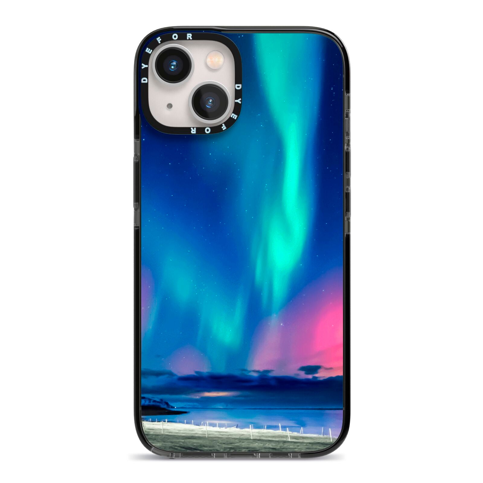 The Northern Lights iPhone 13 Black Impact Case on Silver phone