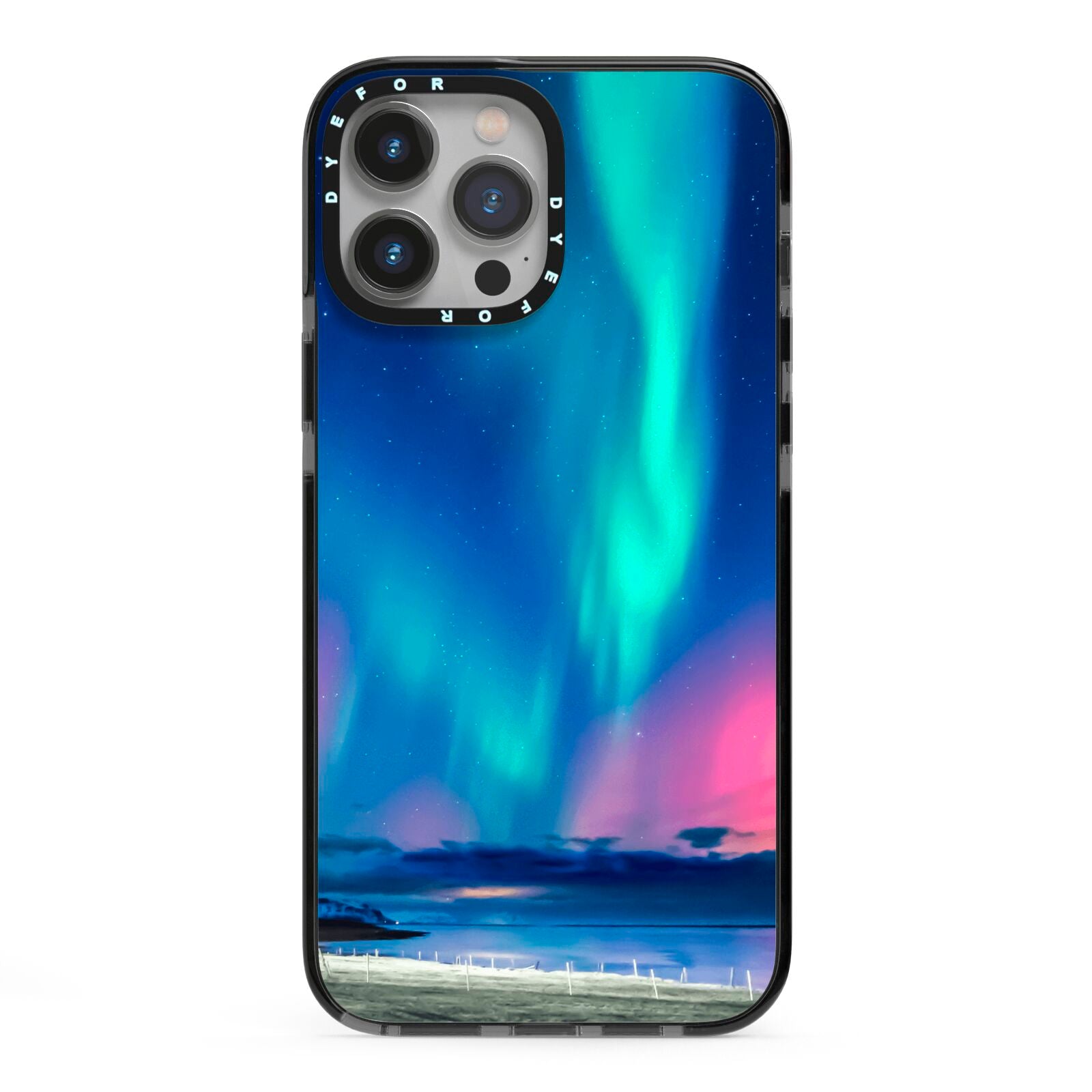 The Northern Lights iPhone 13 Pro Max Black Impact Case on Silver phone