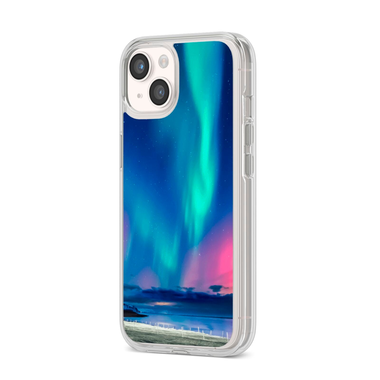 The Northern Lights iPhone 14 Clear Tough Case Starlight Angled Image